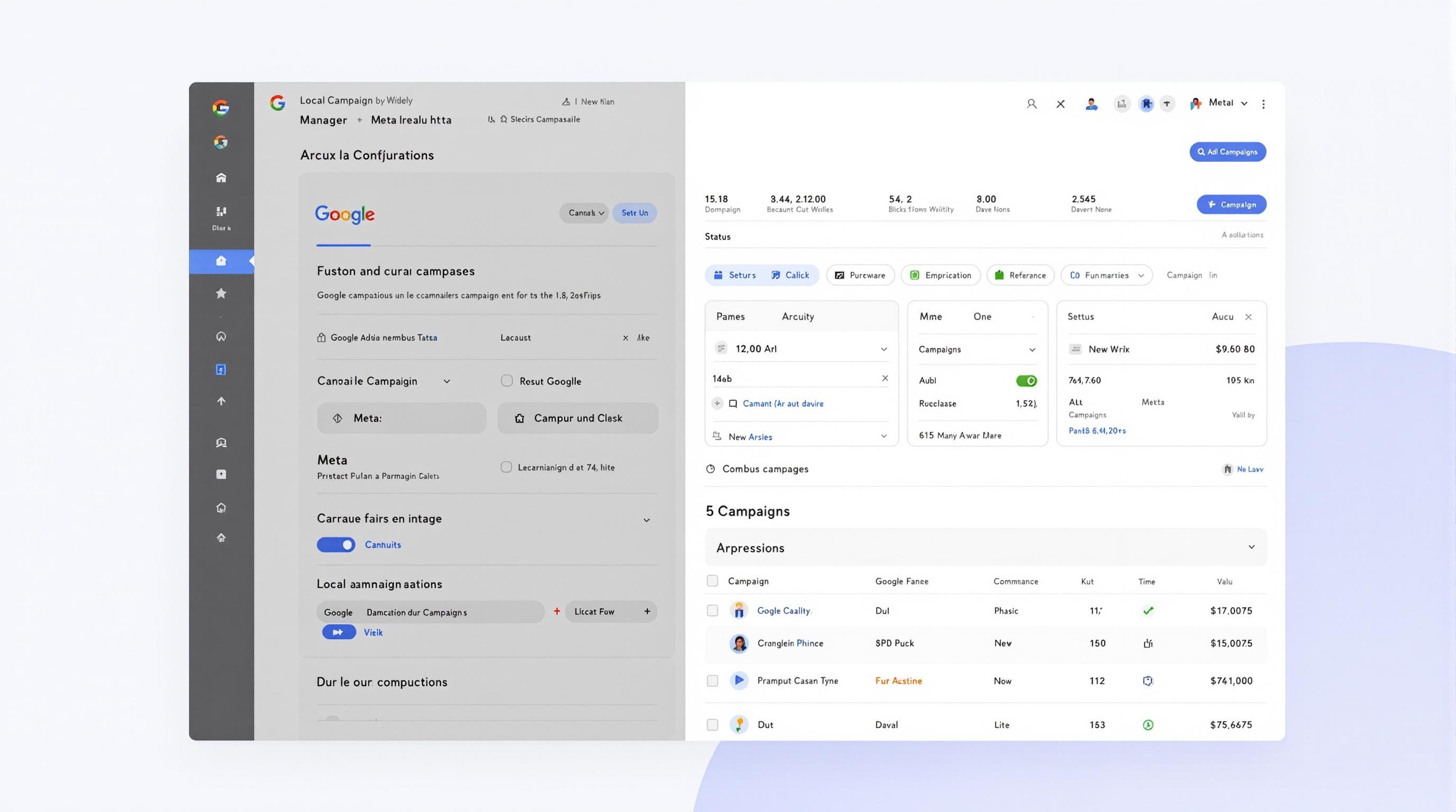 Interface Local Campaign Manager de Widely pour configurer une campagne multilocale sur Google et Meta