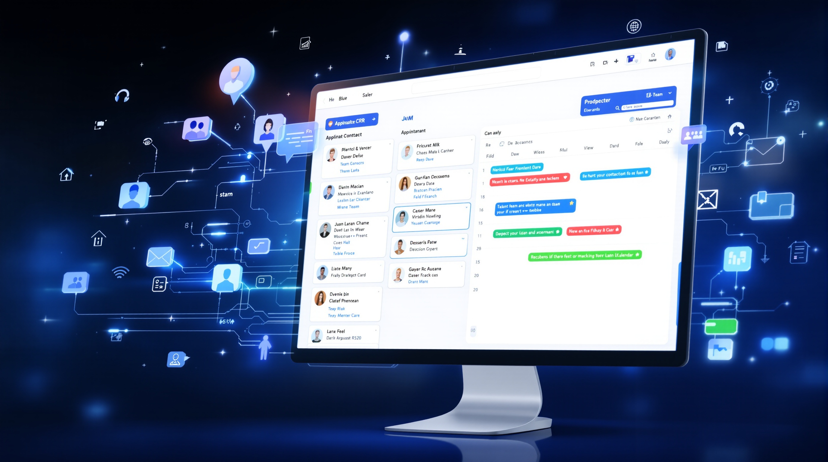 Interface d'un logiciel CRM simple montrant des fiches prospects et un calendrier de rendez-vous, symbolisant l'alliance du terrain et du digital.