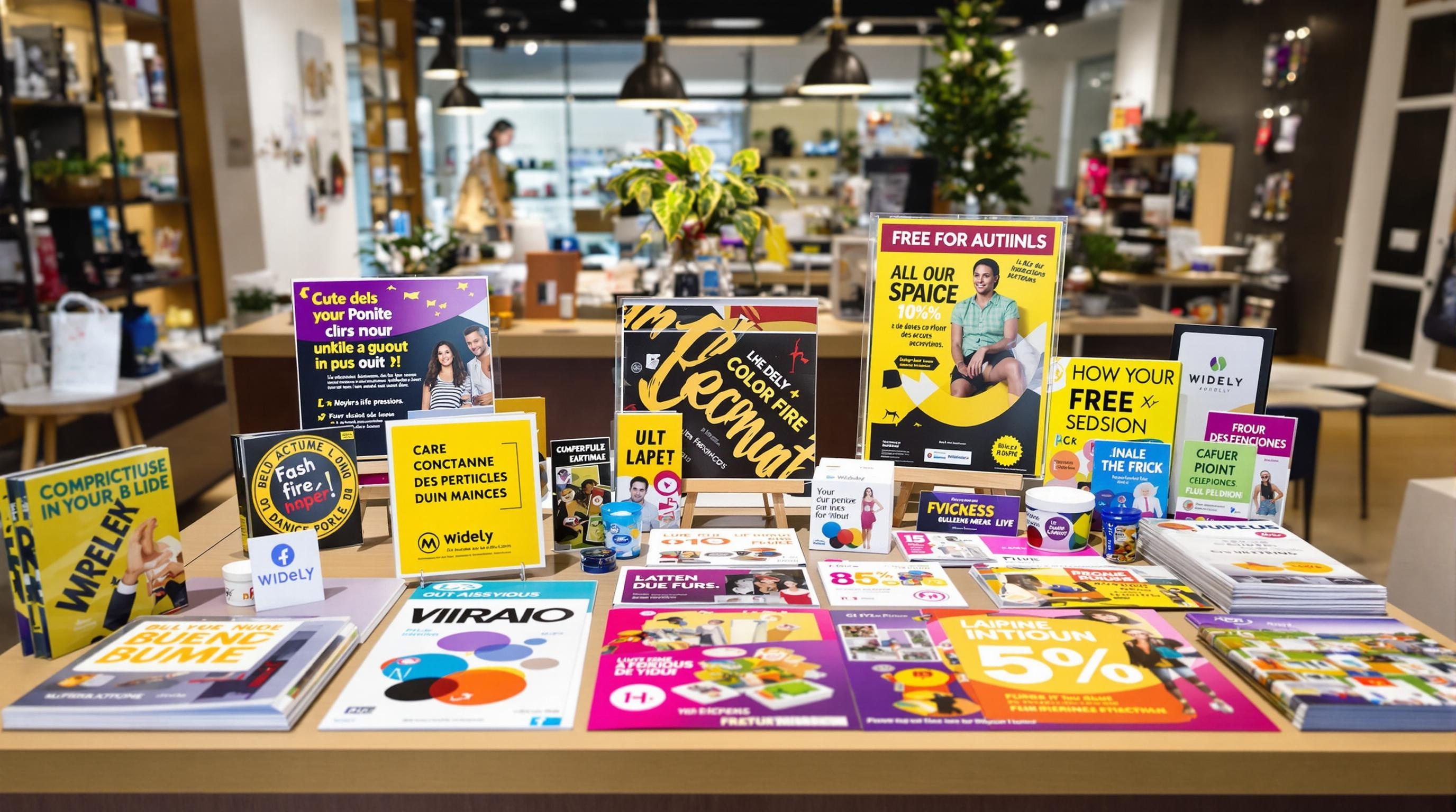 Kit publicitaire print conçu par Widely avec PLV, affiches, flyers et stickers personnalisés