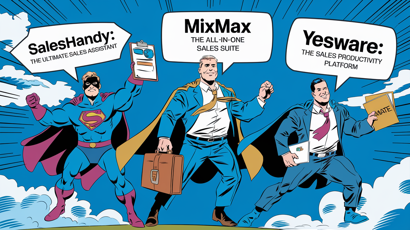 Logos super-héros SalesHandy Mixmax Yesware promesse ironique