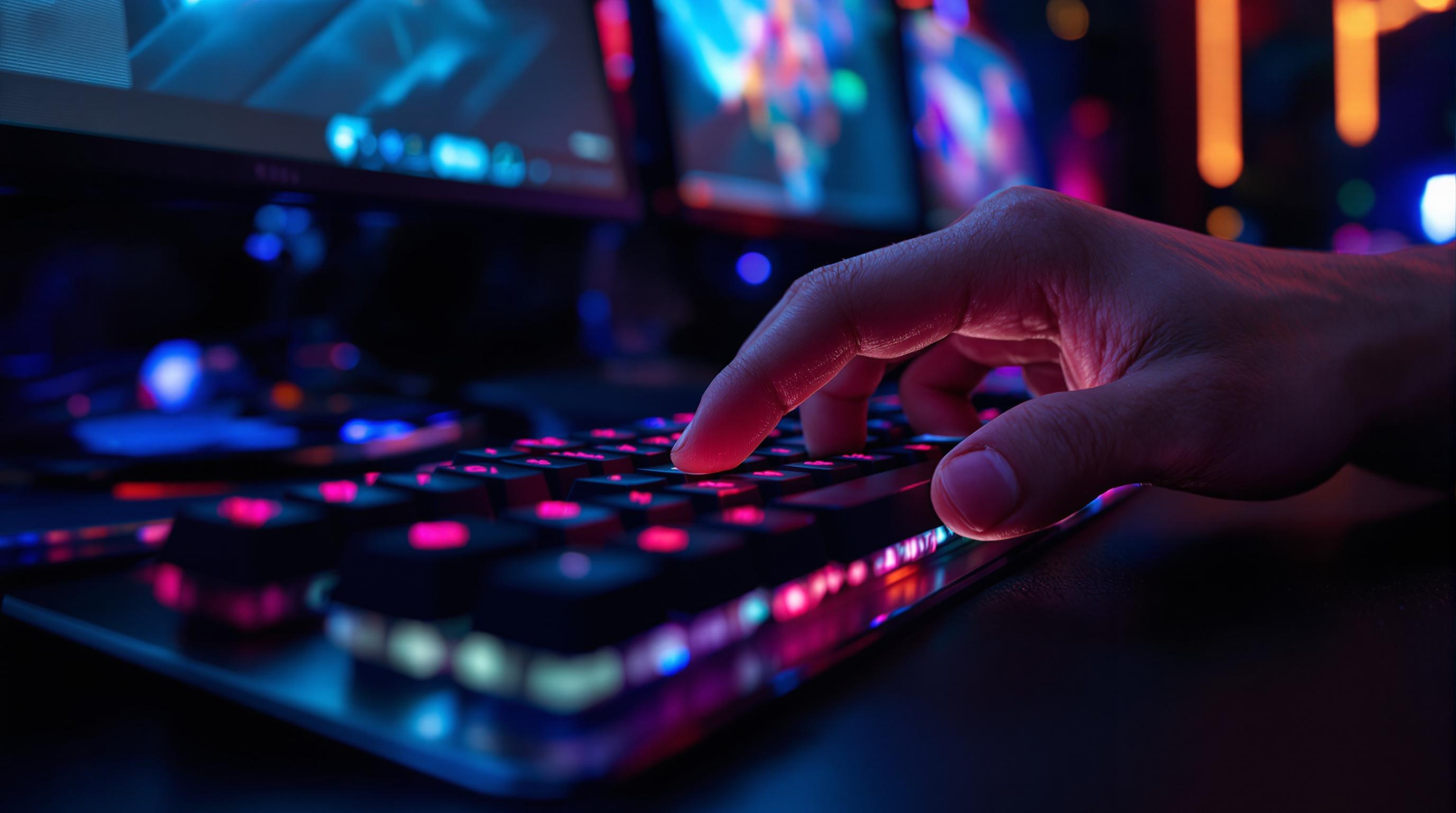 Main experte frappant la touche Shift sur clavier mécanique rétro-éclairé compétition e-sport