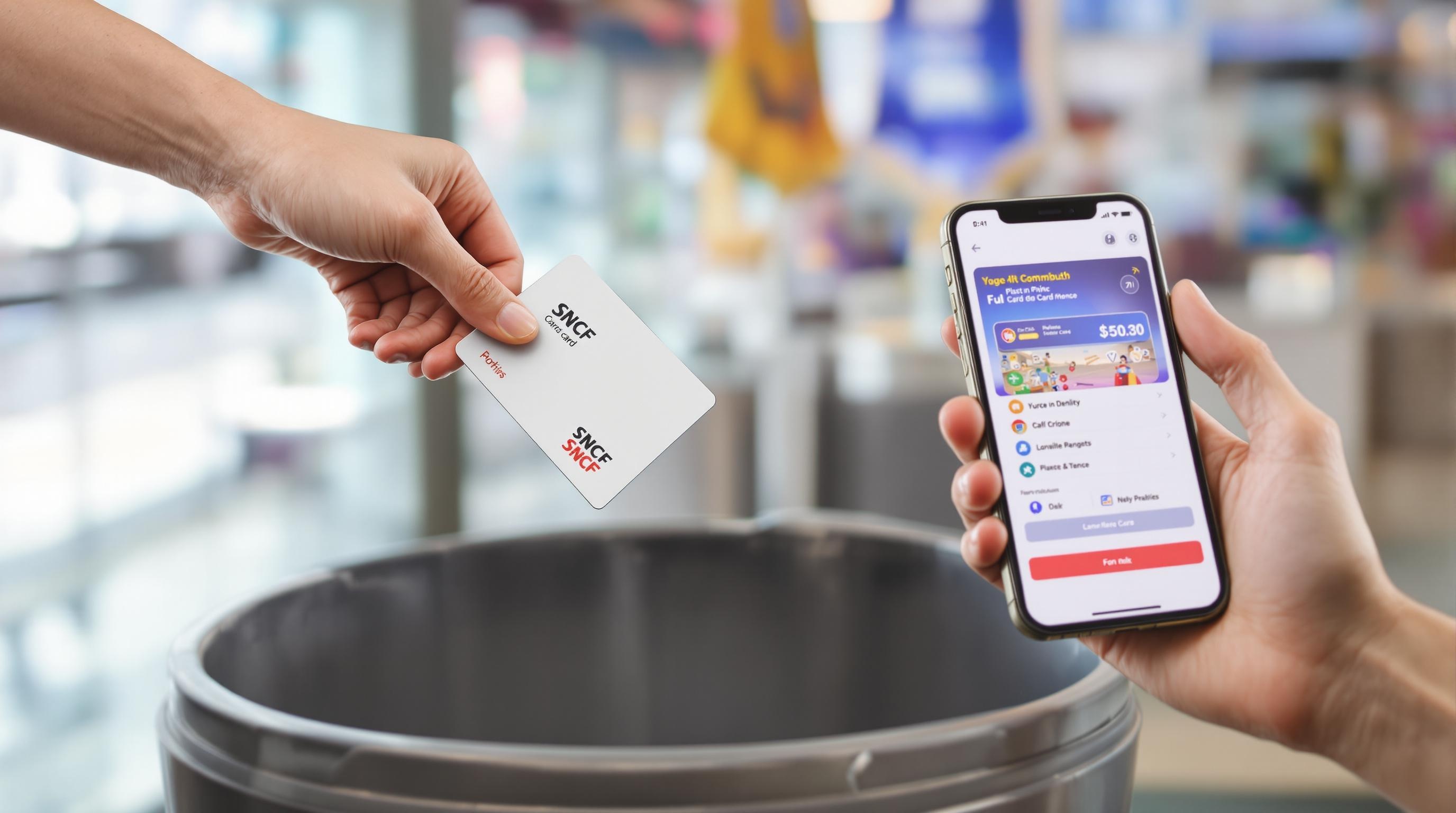 Main jetant une carte SNCF en plastique à la poubelle pour passer à la version numérique