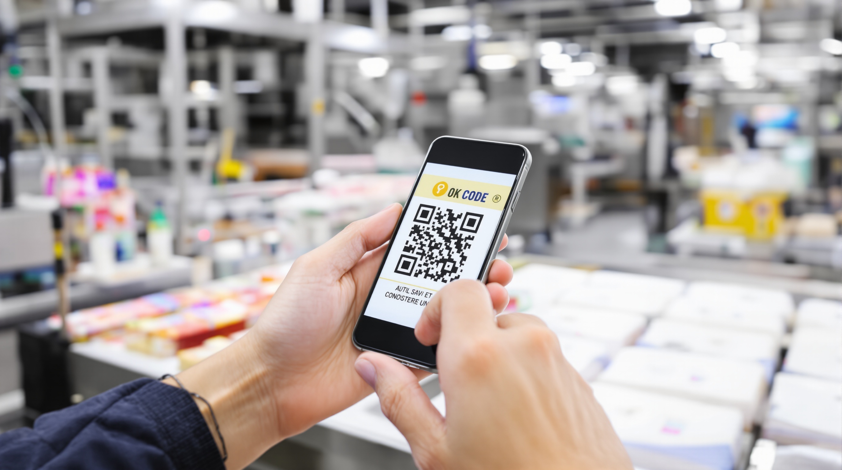 Une main scanne un QR code sur une étiquette alimentaire devant chaîne production moderne.