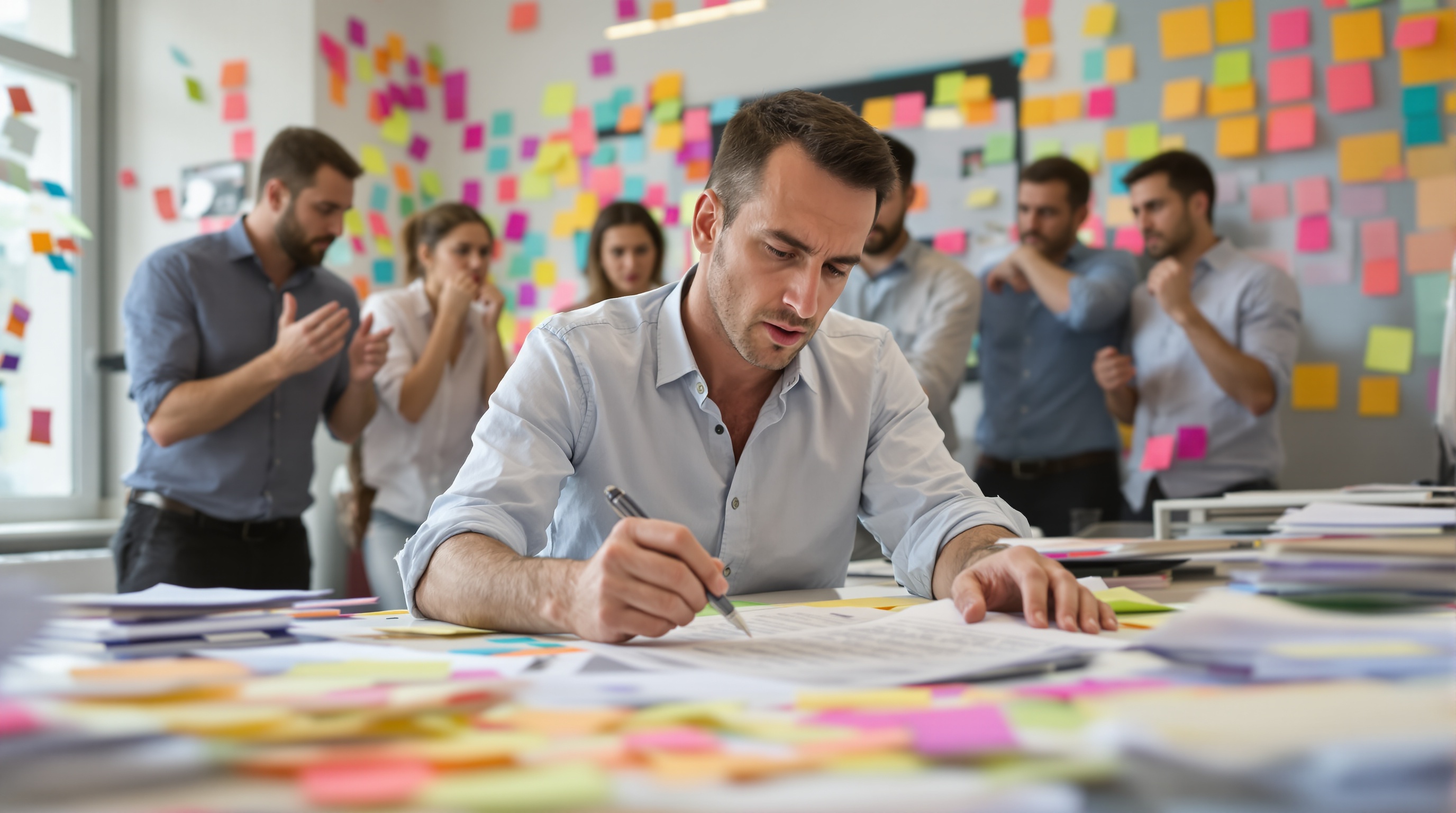 Manager de PME analysant ses besoins WFM, entouré de post-it, tableurs et équipes.