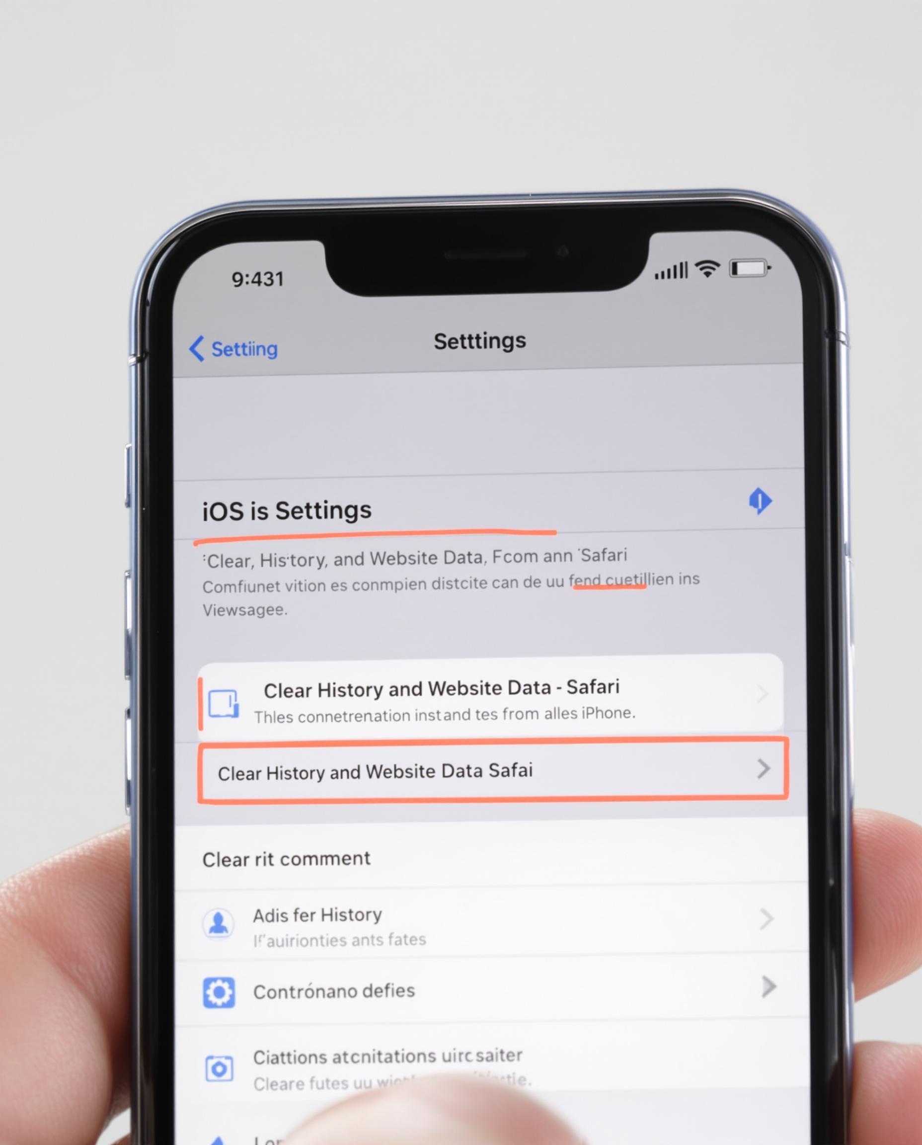 Menu iOS montrant l’option ‘Effacer historique et données de site’ pour Safari