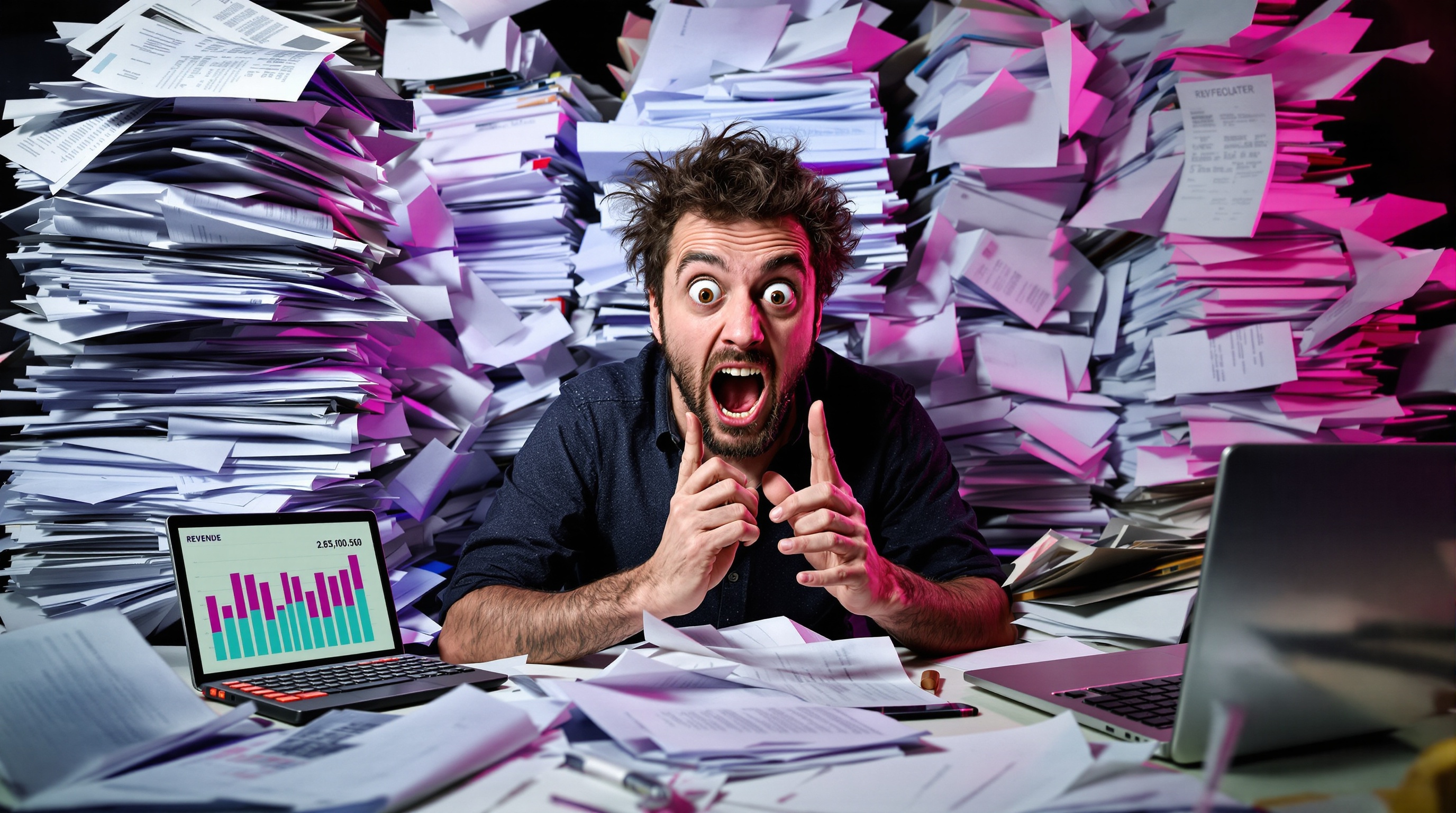 Micro-entrepreneur devant une pile de papiers
