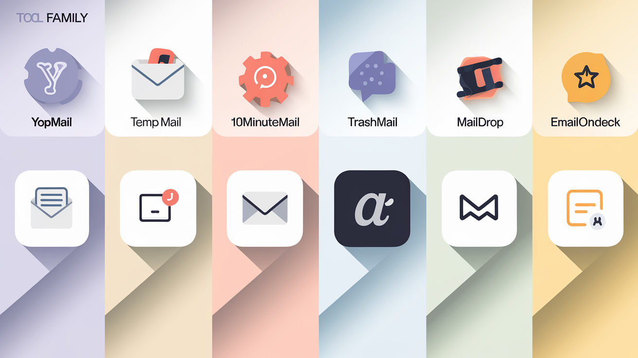 Montage d'icônes représentant les services de mails jetables comme YOPmail, TempMail, EmailOnDeck, TrashMail, Maildrop et 10MinuteMail