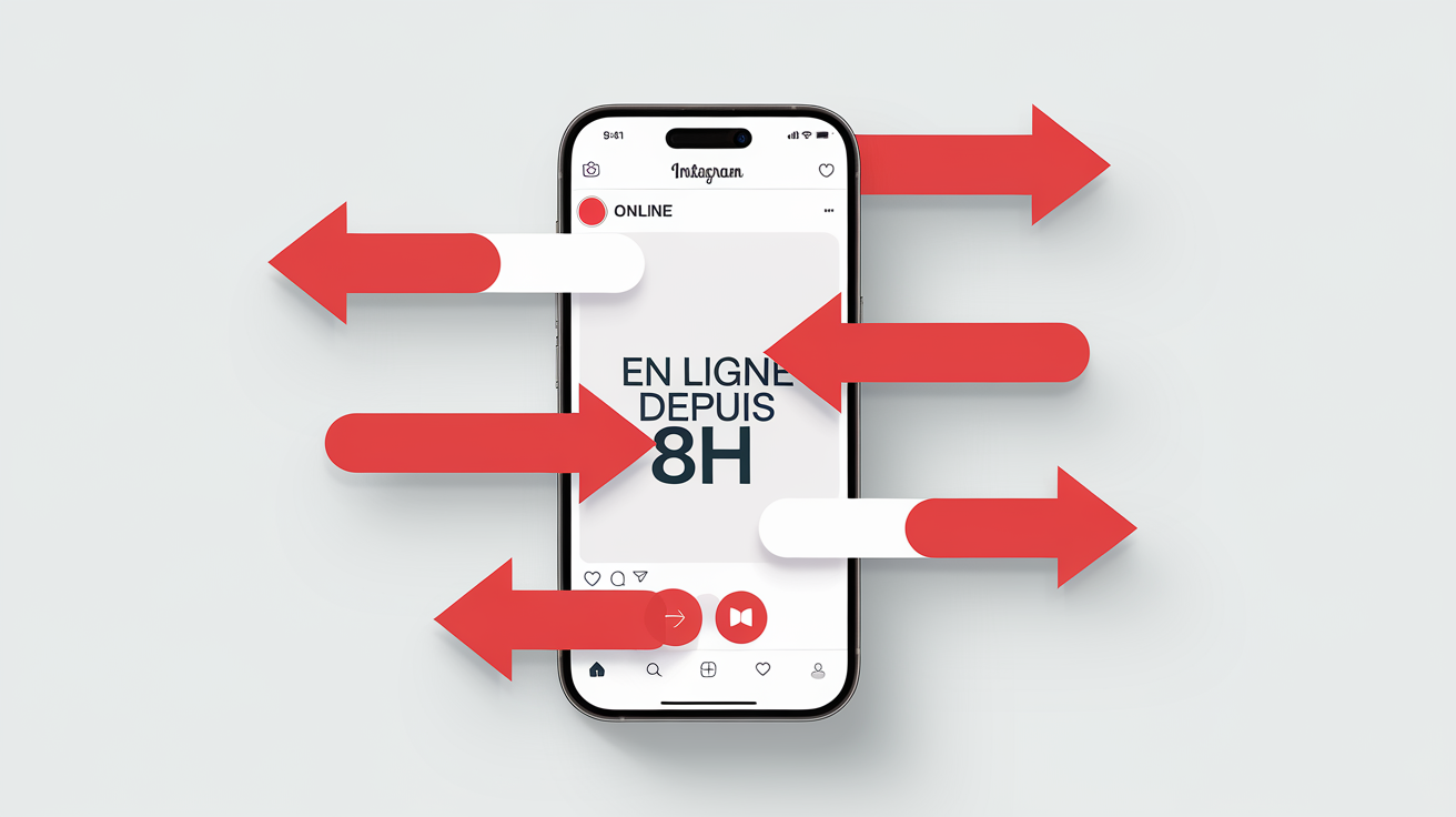 Capture d’écran fictive d’Instagram montrant un statut 'En ligne' figé depuis 8 heures avec des flèches rouges