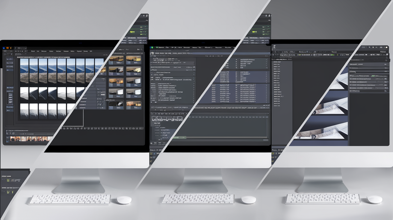Montage de trois interfaces montrant la grille d’images, les métadonnées et le panneau IA en action