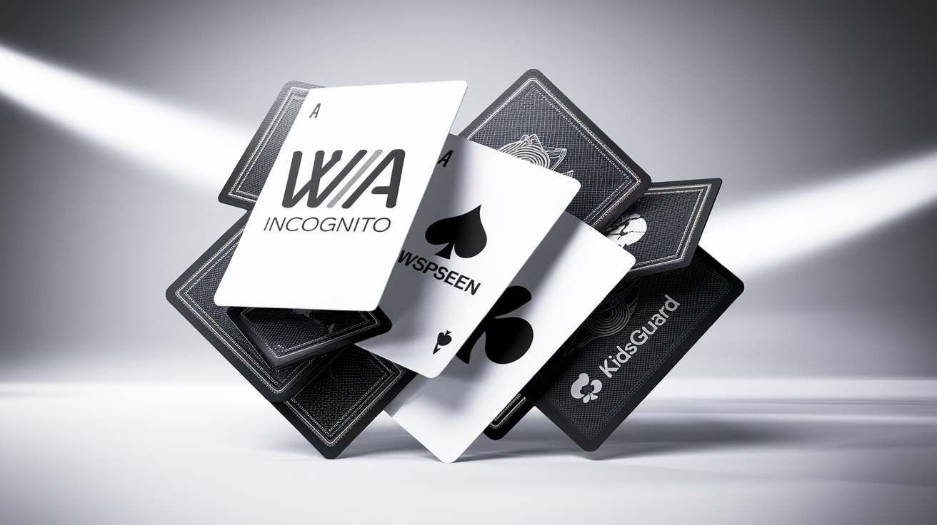 Montage des logos WA Incognito, WspSeen, KidsGuard empilés comme des cartes douteuses