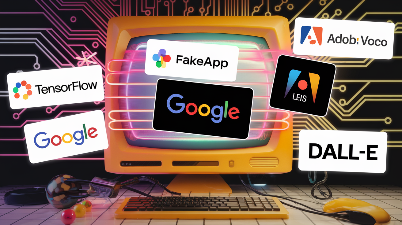 Logos sarcastiques TensorFlow FakeApp Adobe Voco Google Midjourney DALL-E sur fond hacker rétrofuturiste