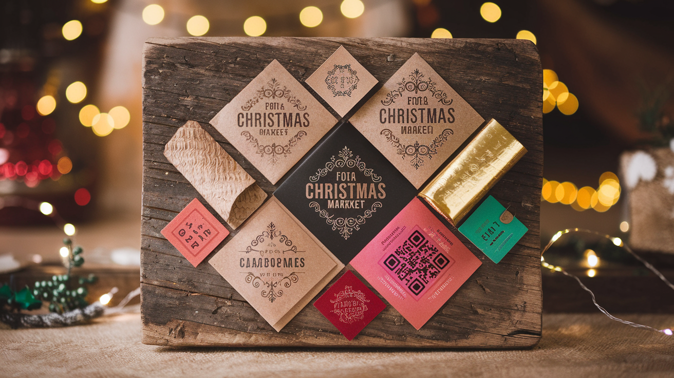 Mosaïque d'étiquettes de marché de Noël : kraft, dorure chaude, QR code