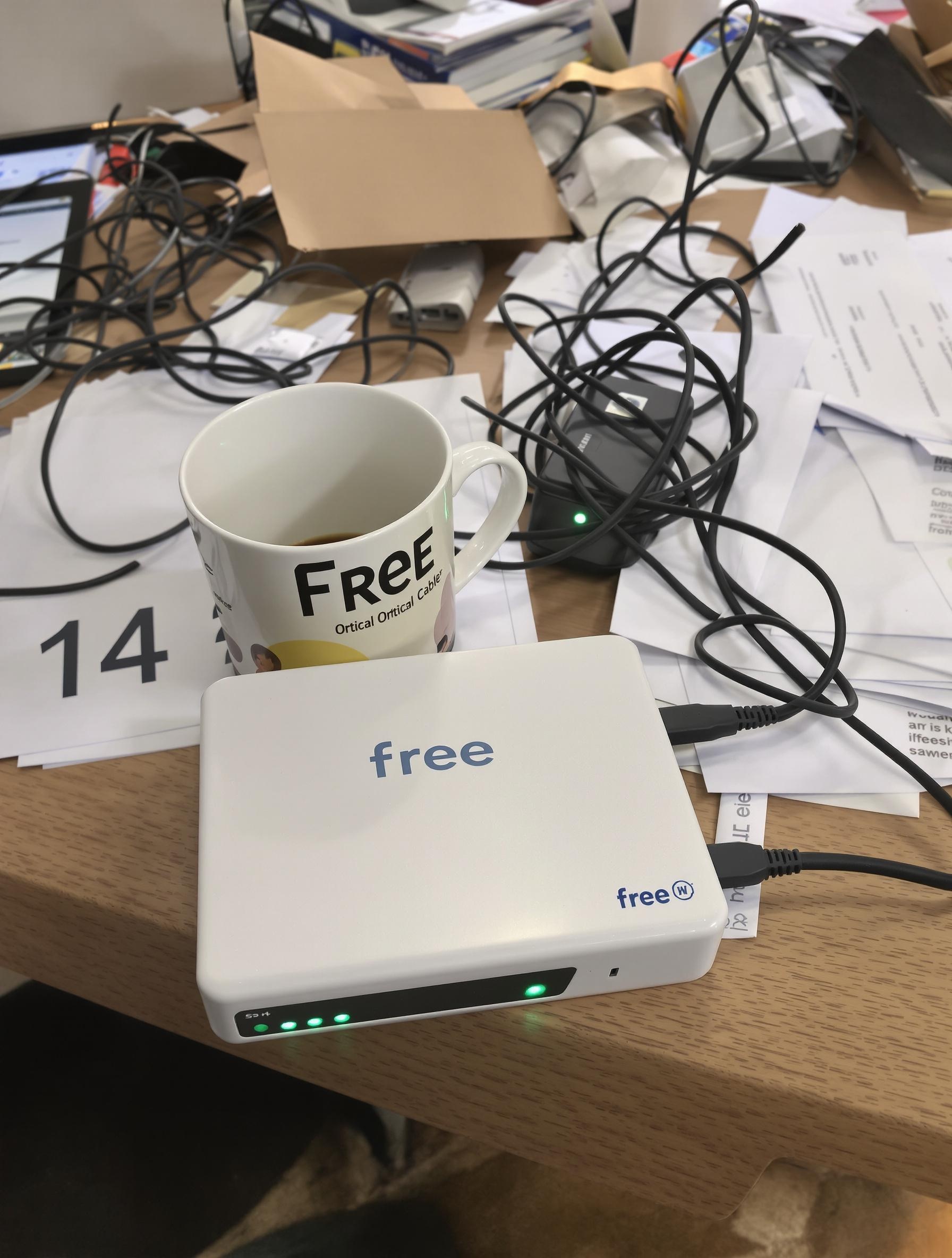 Mug de café posé à côté d'un convertisseur optique Free allumé, symbolisant une victoire