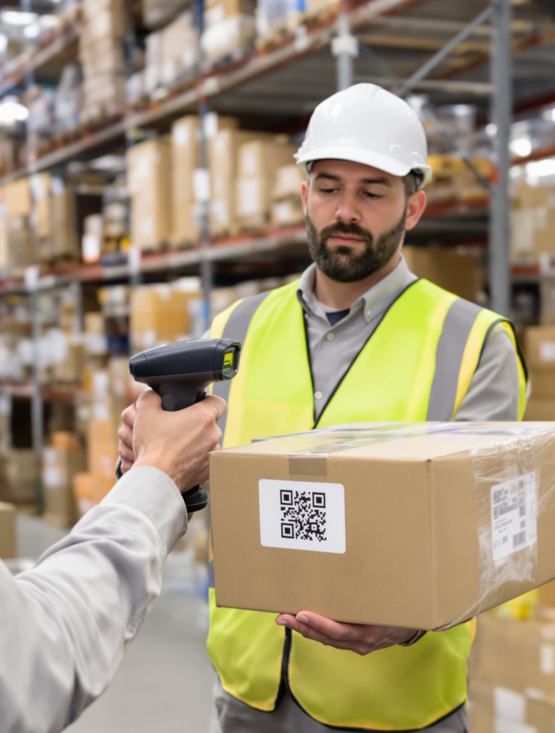 Opérateur logistique scannant un carton avec un QR code, gestion de stock moderne