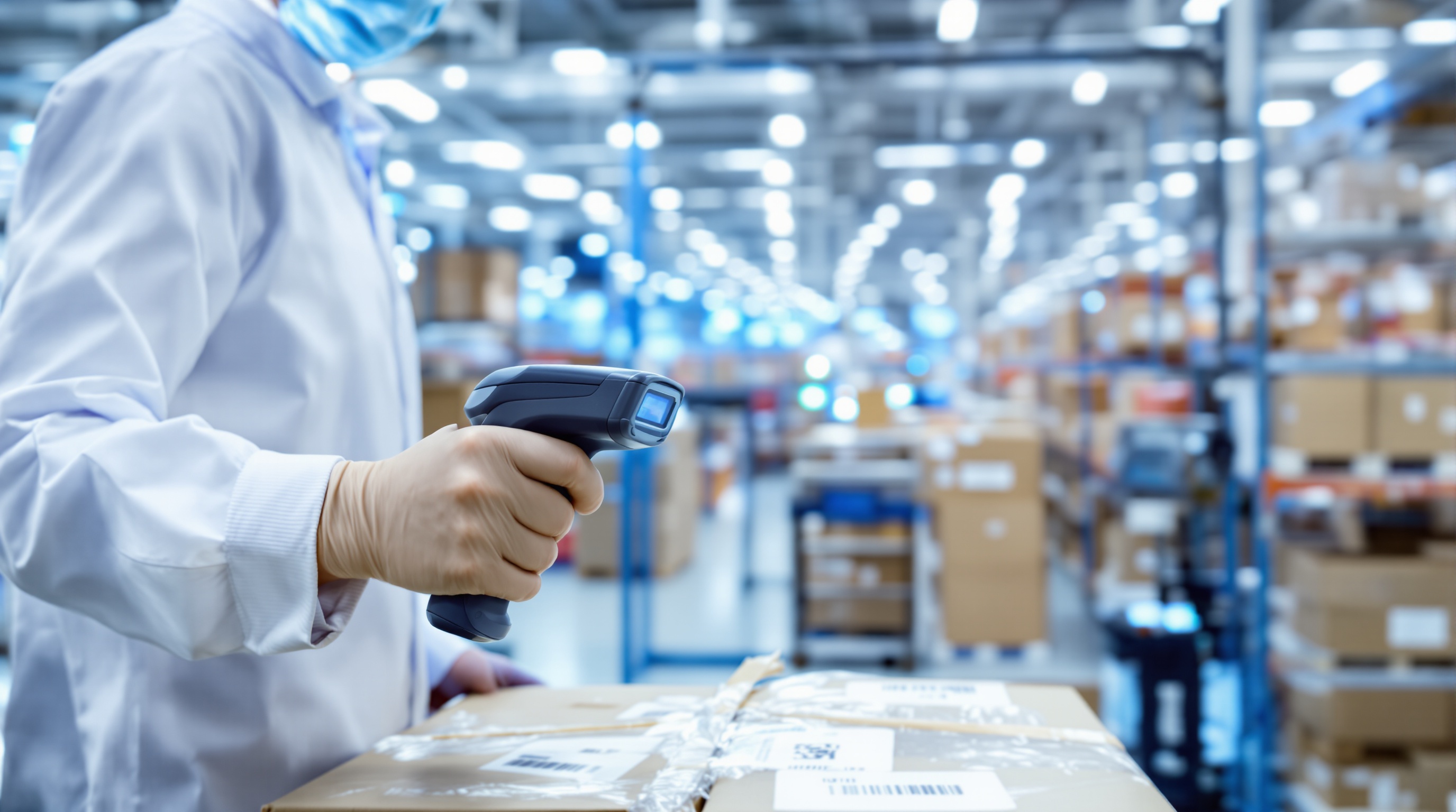 Opérateur en entrepôt agroalimentaire ou pharmaceutique utilisant un scanner portable sur une palette