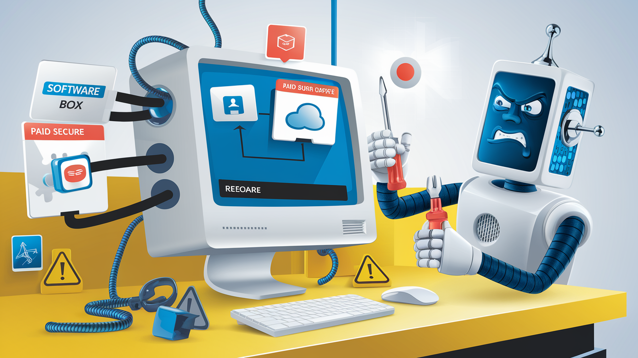 Robot grincheux surveillant un choix logiciel photo
