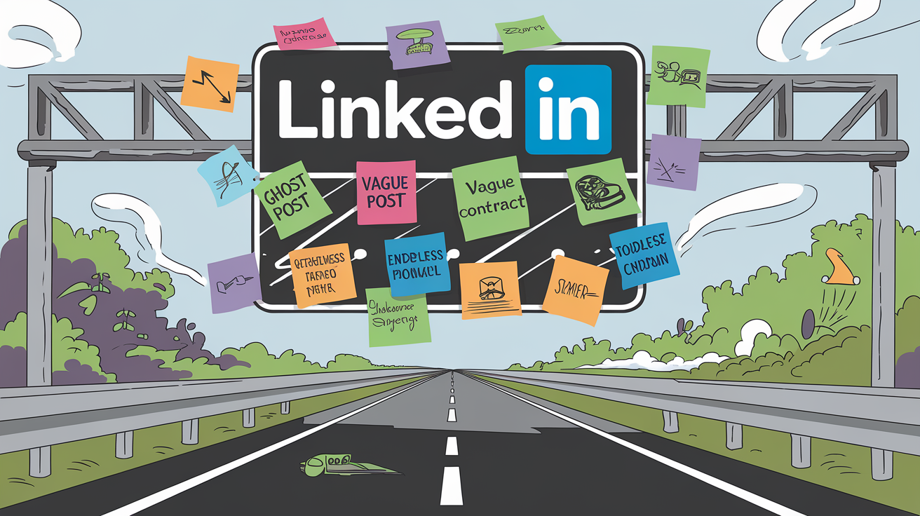 Panneau cartoon avertissant des pièges LinkedIn influenceur