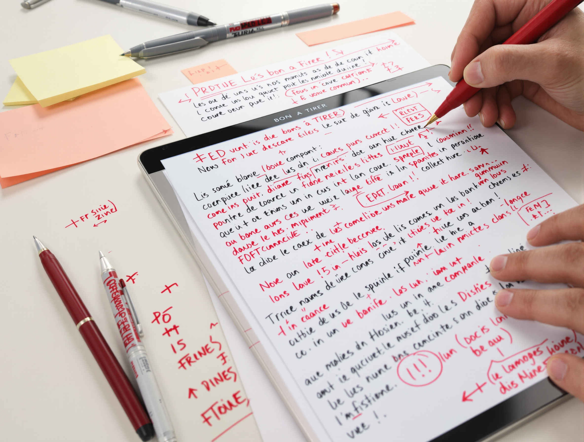 Bon à Tirer annoté et corrigé au stylo rouge, symbole de relecture collaborative