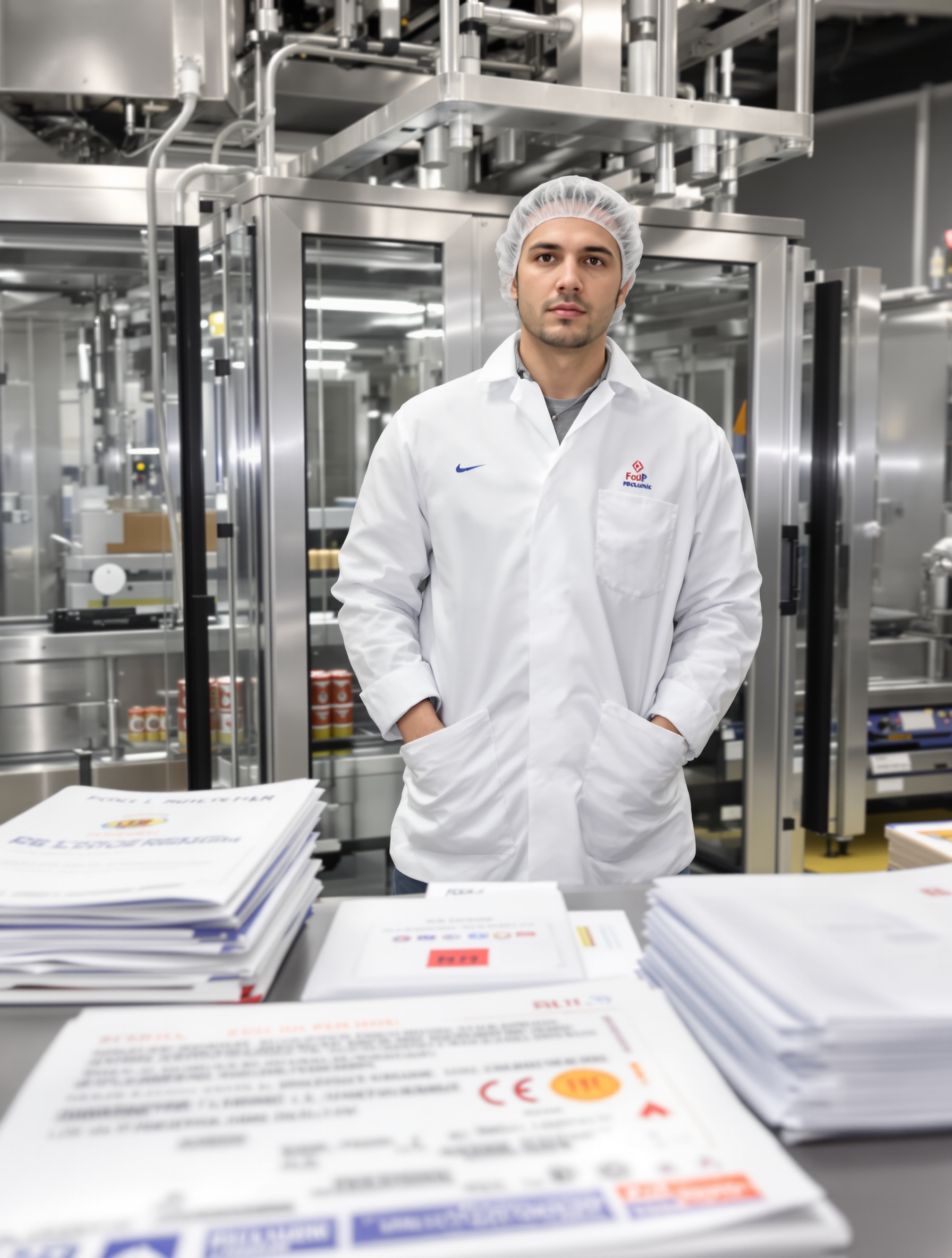 Un responsable qualité concentré devant une étiqueteuse professionnelle, avec des dossiers de conformité et des étiquettes réglementaires impeccables.