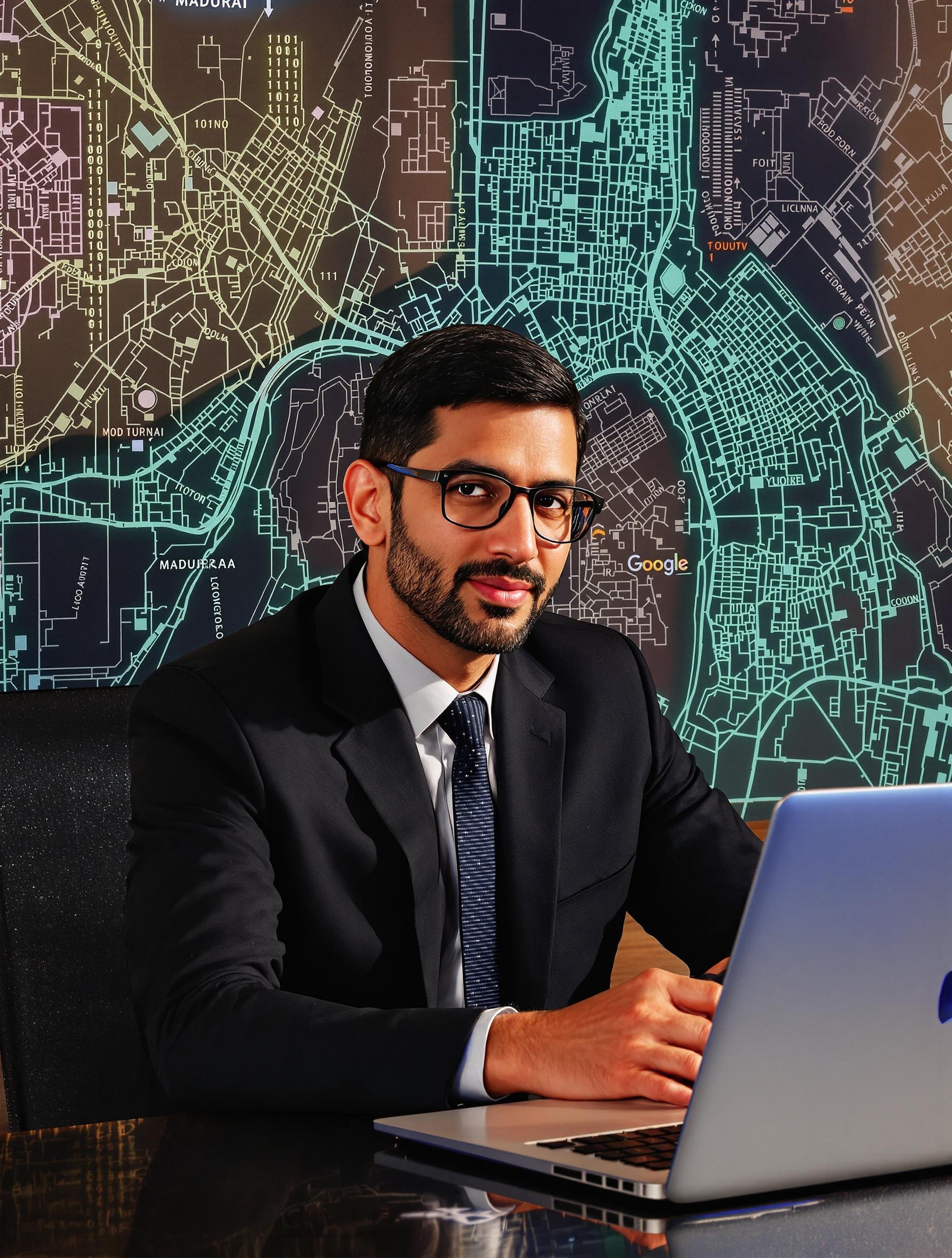 Portrait de Sundar Pichai devant des schémas technologiques et du code Morse