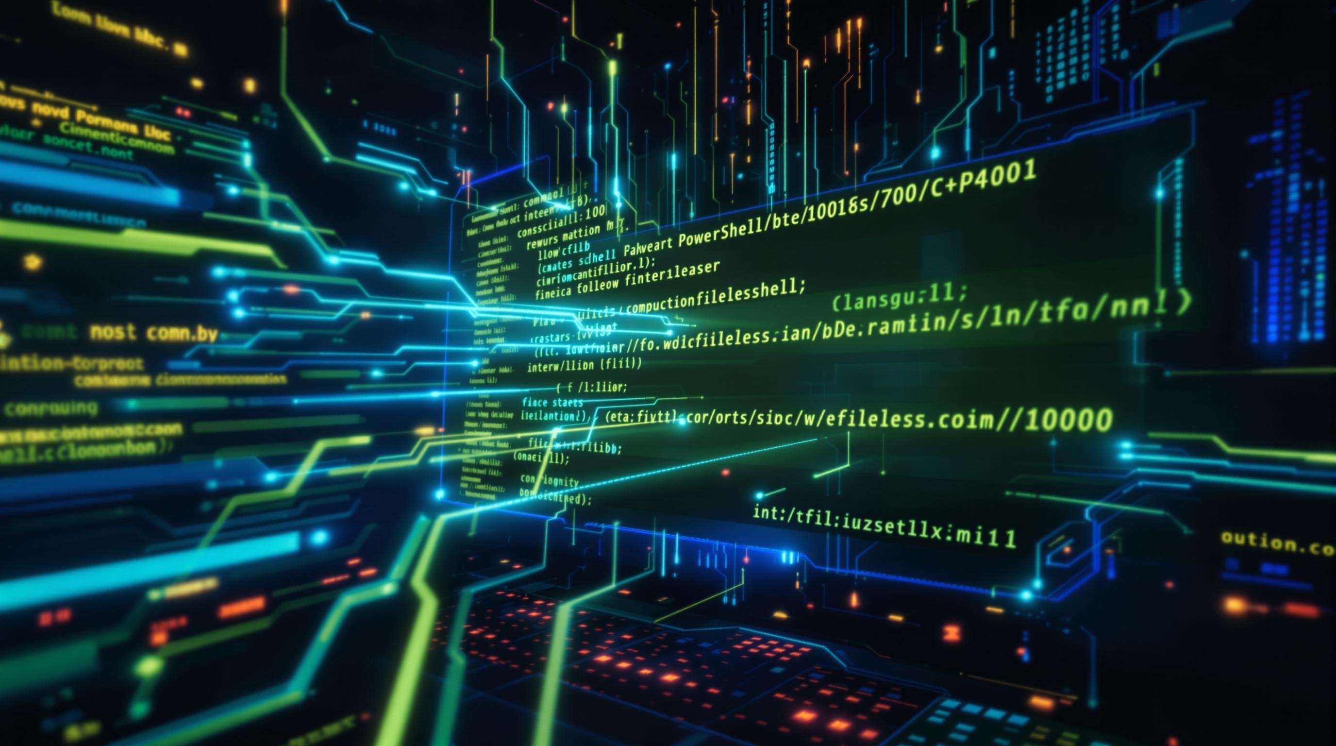 Illustration d'un flux PowerShell suspect utilisé dans une attaque fileless