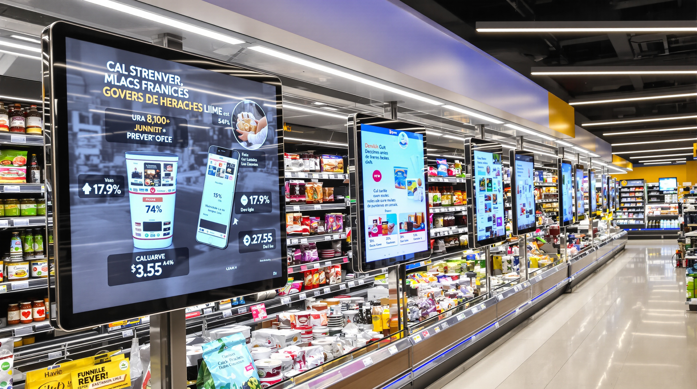 Rayon moderne avec étiquettes électroniques de gondole affichant clairement prix et promos