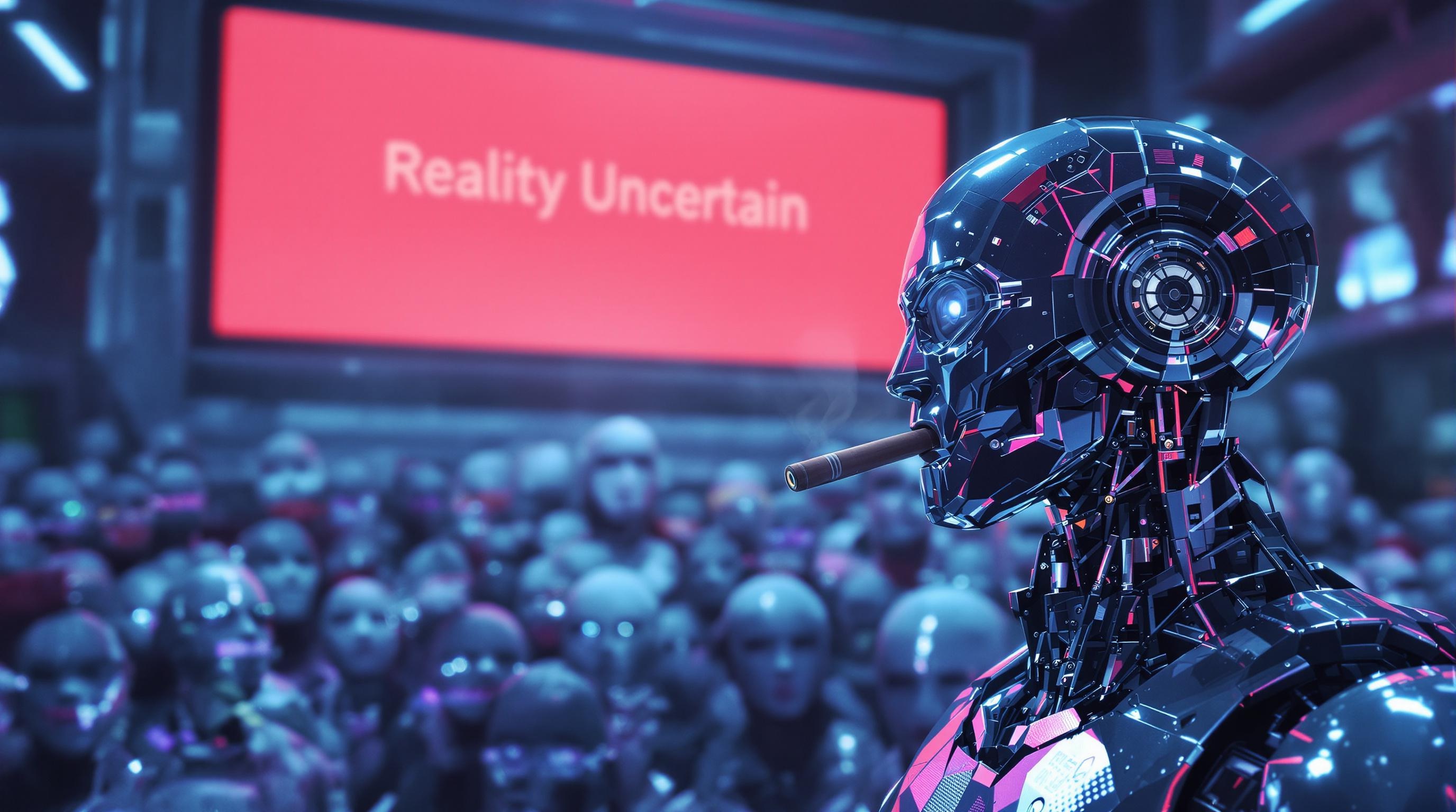 Robot désabusé devant une foule de visages synthétiques glitchés
