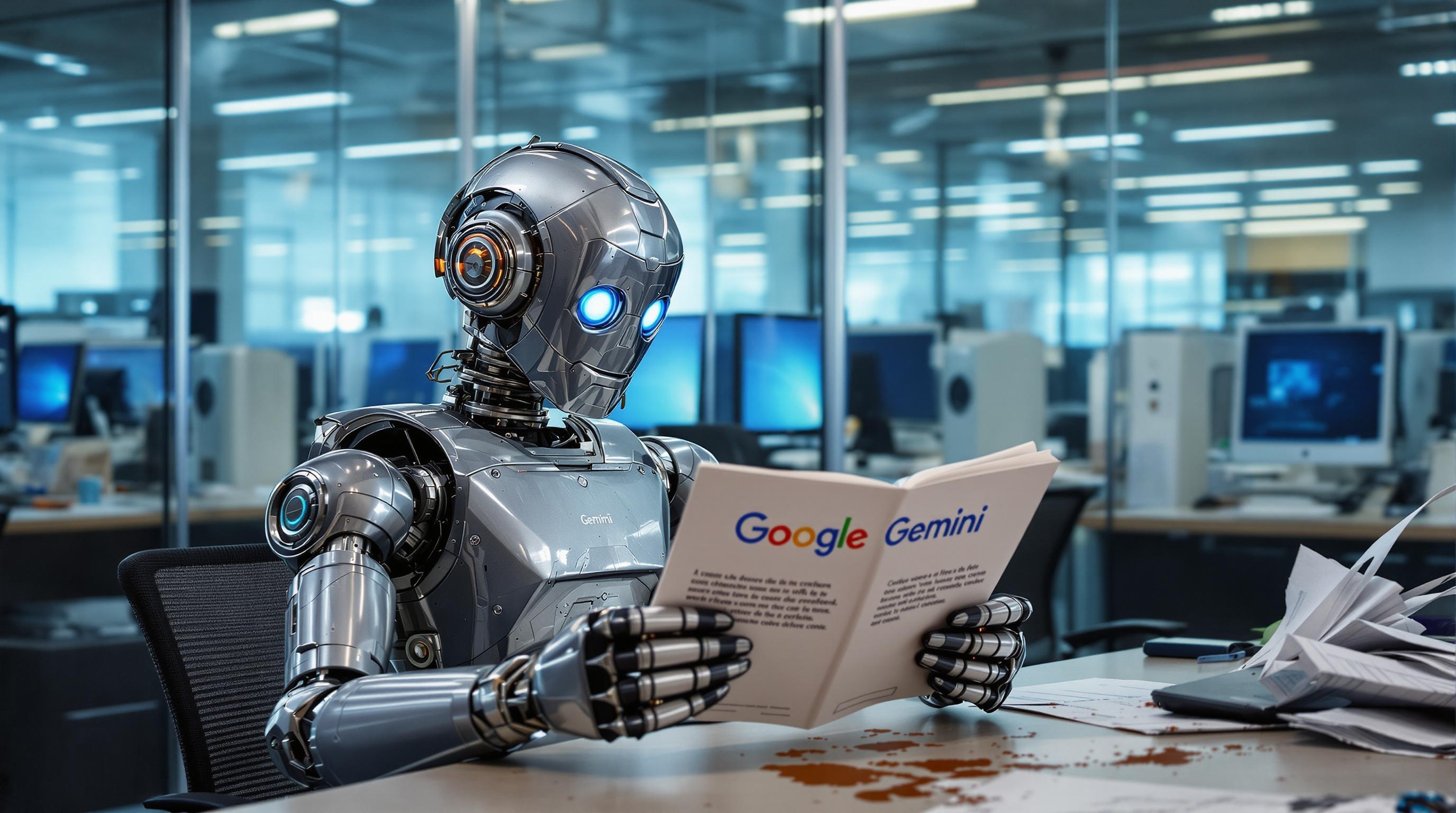 Robot rétro devant une machine à café en panne, lisant Google Gemini