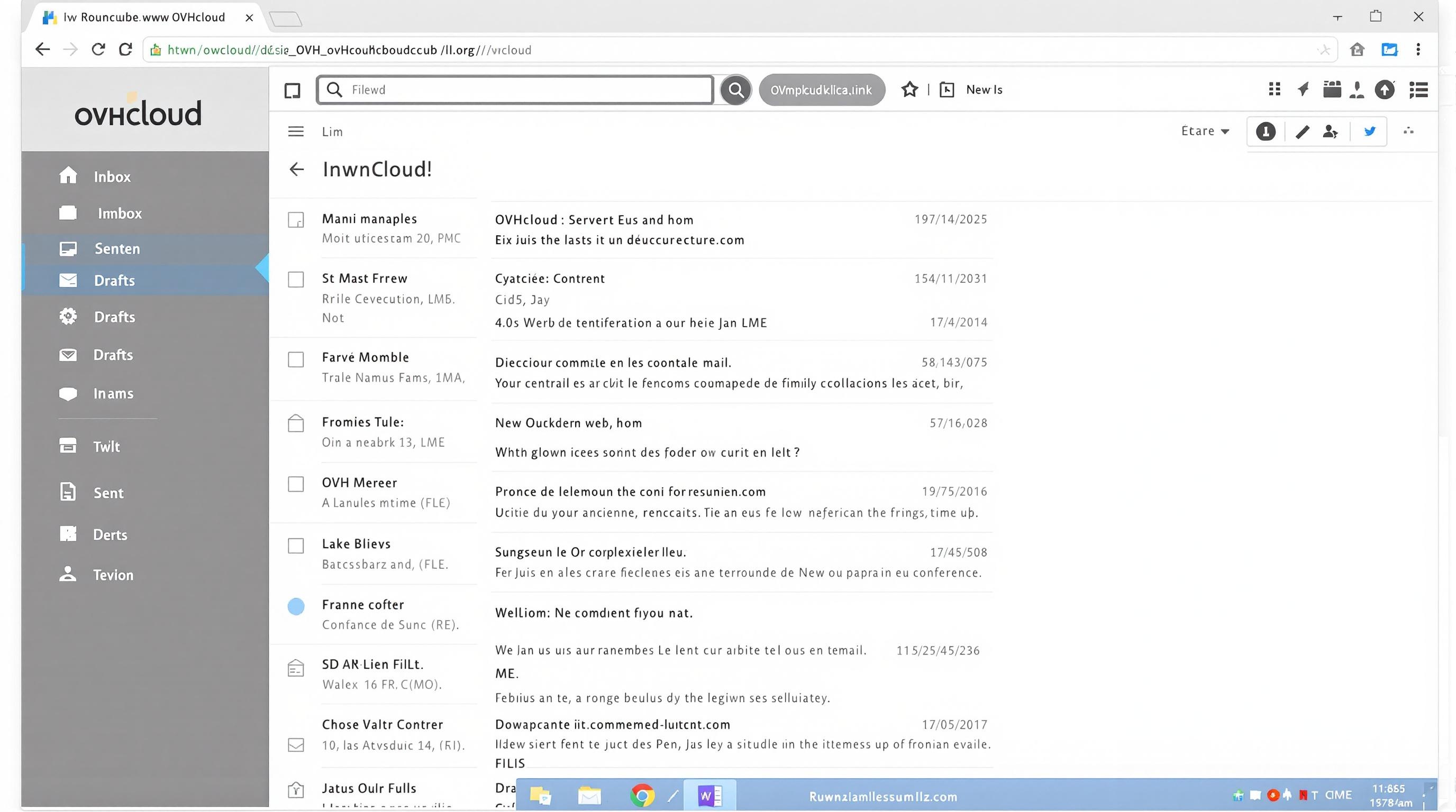Interface Roundcube sous OVHcloud avec boîte de réception minimaliste