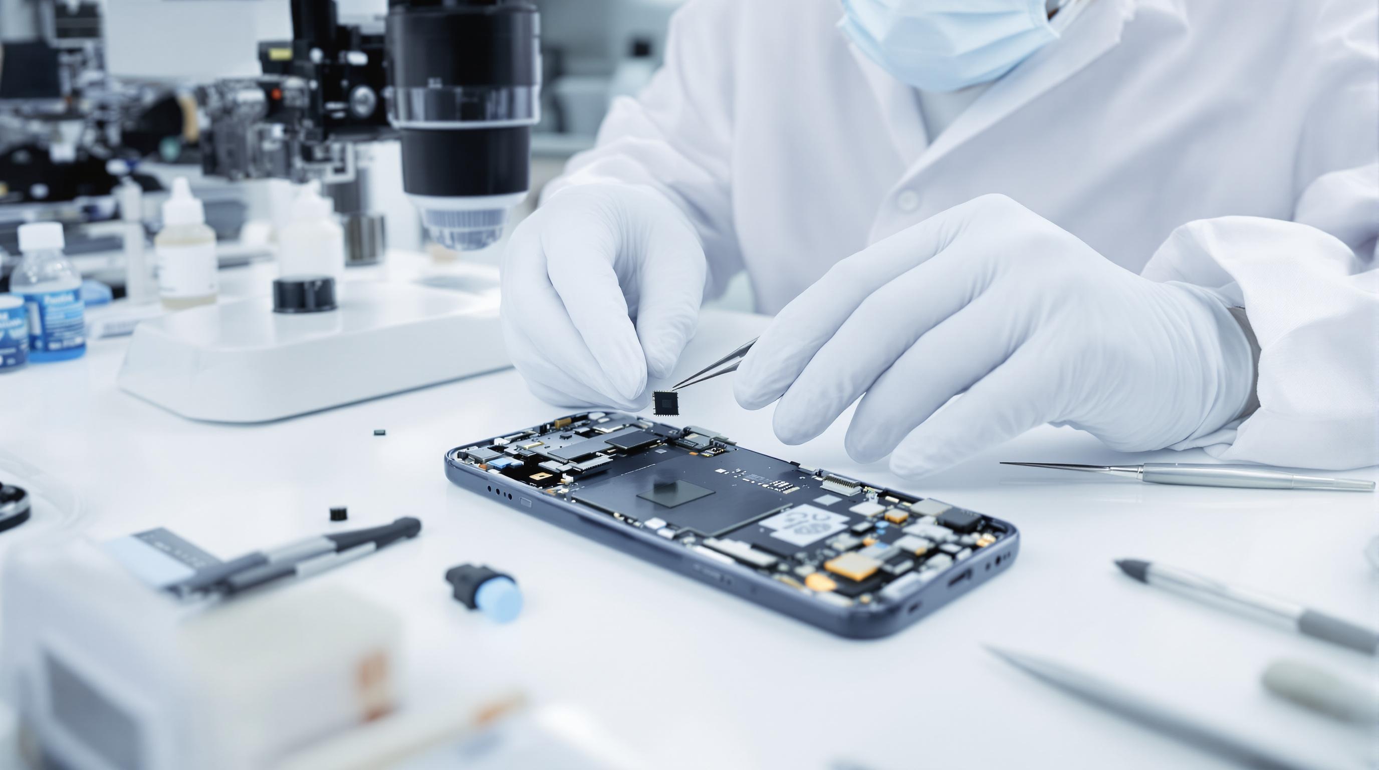 Salle blanche pour récupération de données sur smartphone avec technicien et microscope