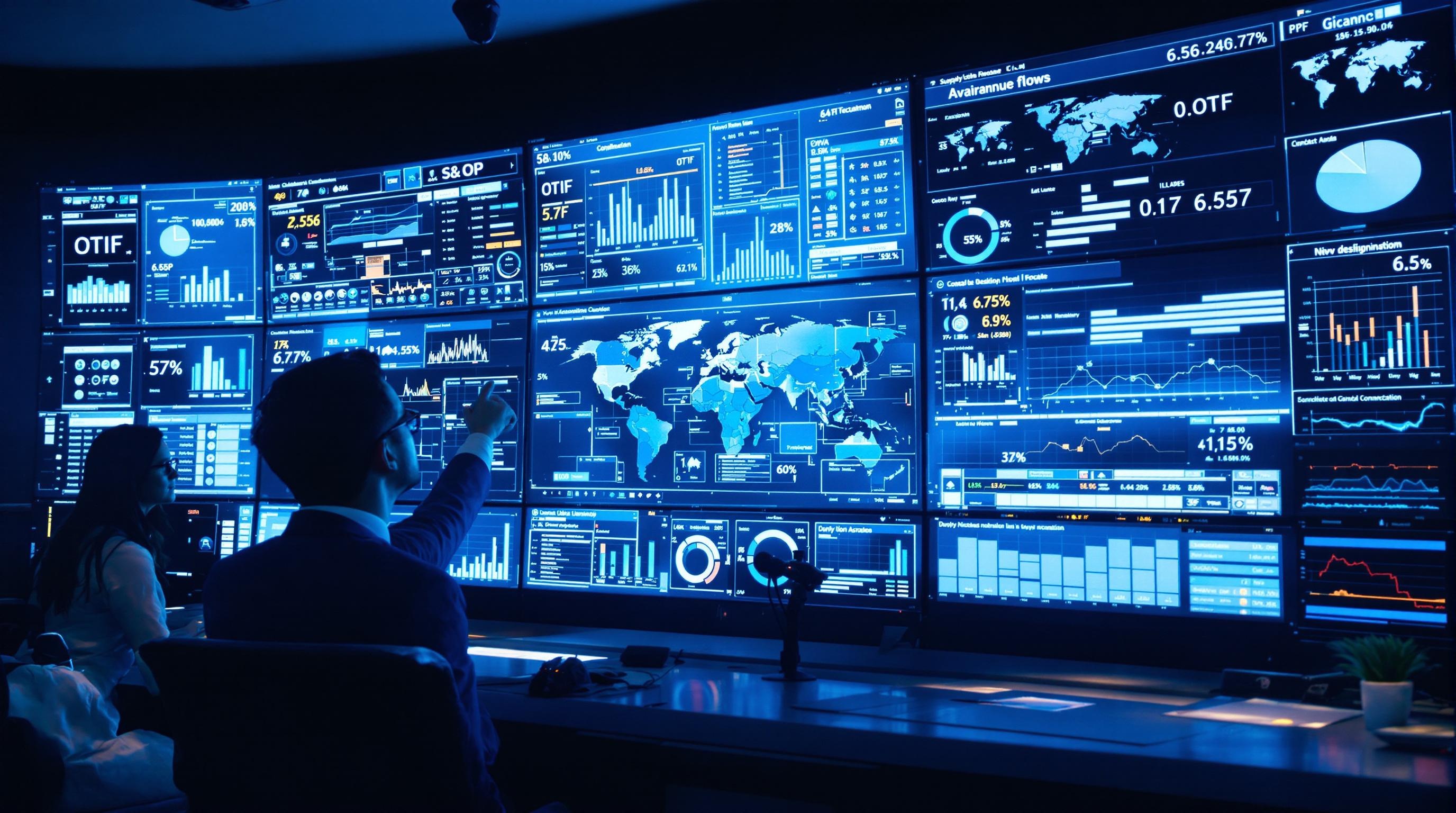 Salle de pilotage d’un Supply Chain Manager supervisant les flux mondiaux en temps réel, avec des écrans affichant les KPI OTIF et S&OP