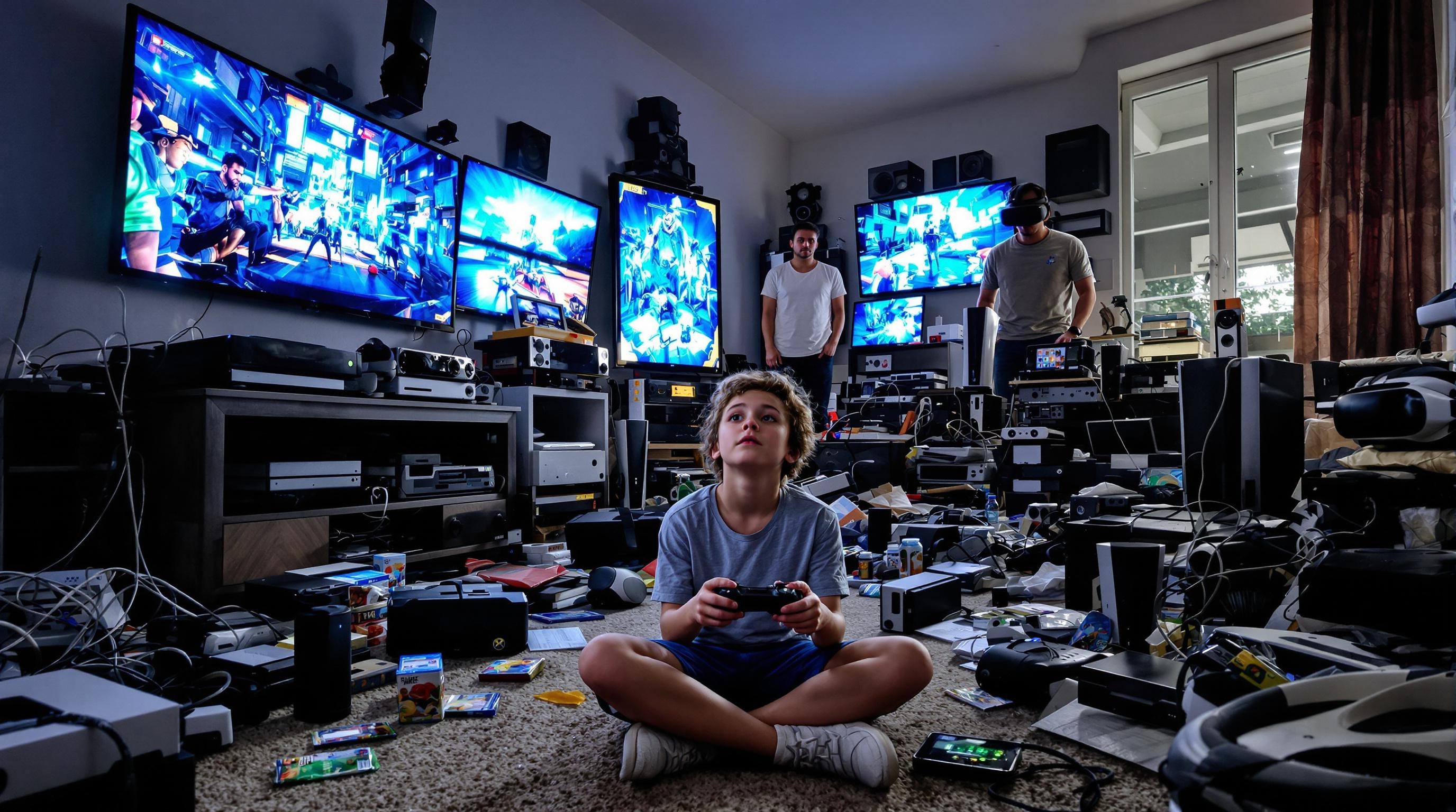 Salon familial saturé d’écrans et consoles illustrant la surabondance multimédia dans le divertissement
