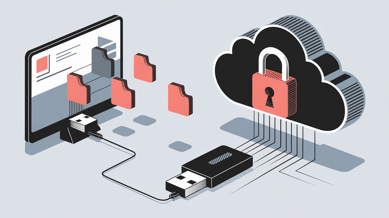 Illustration d'une sauvegarde conceptuelle avec une clé USB connectée à un cloud sécurisé