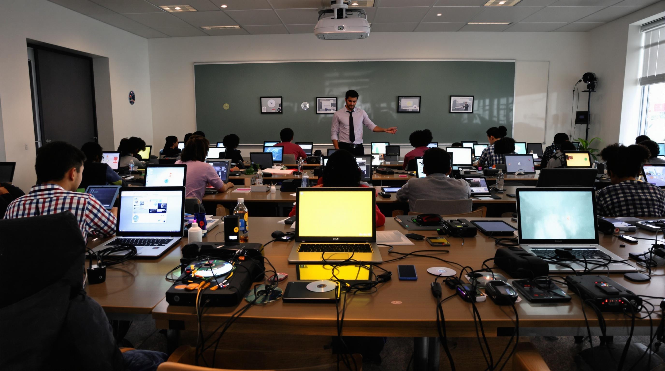 Scène ironique d'une salle de classe moderne saturée de dispositifs multimédias