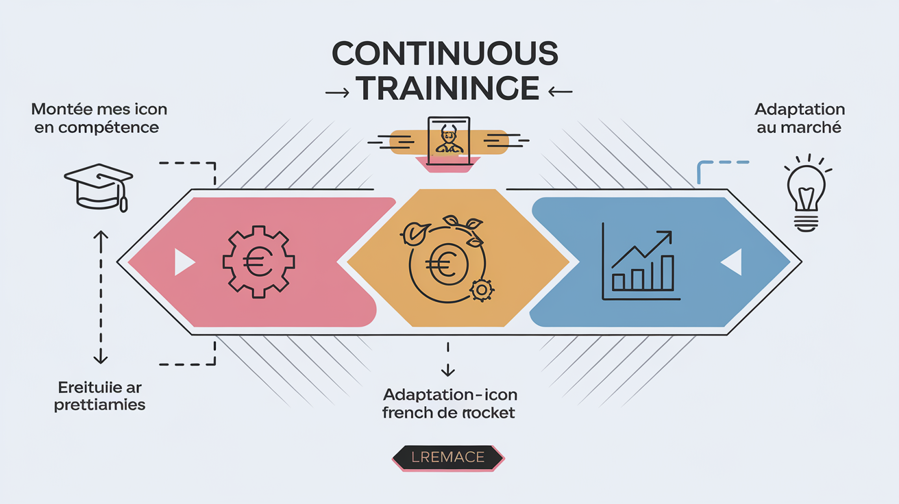 Schéma illustrant les bénéfices de la formation continue pour un auto-entrepreneur : montée en compétence, adaptation au marché, augmentation du chiffre d'affaires, et innovation.