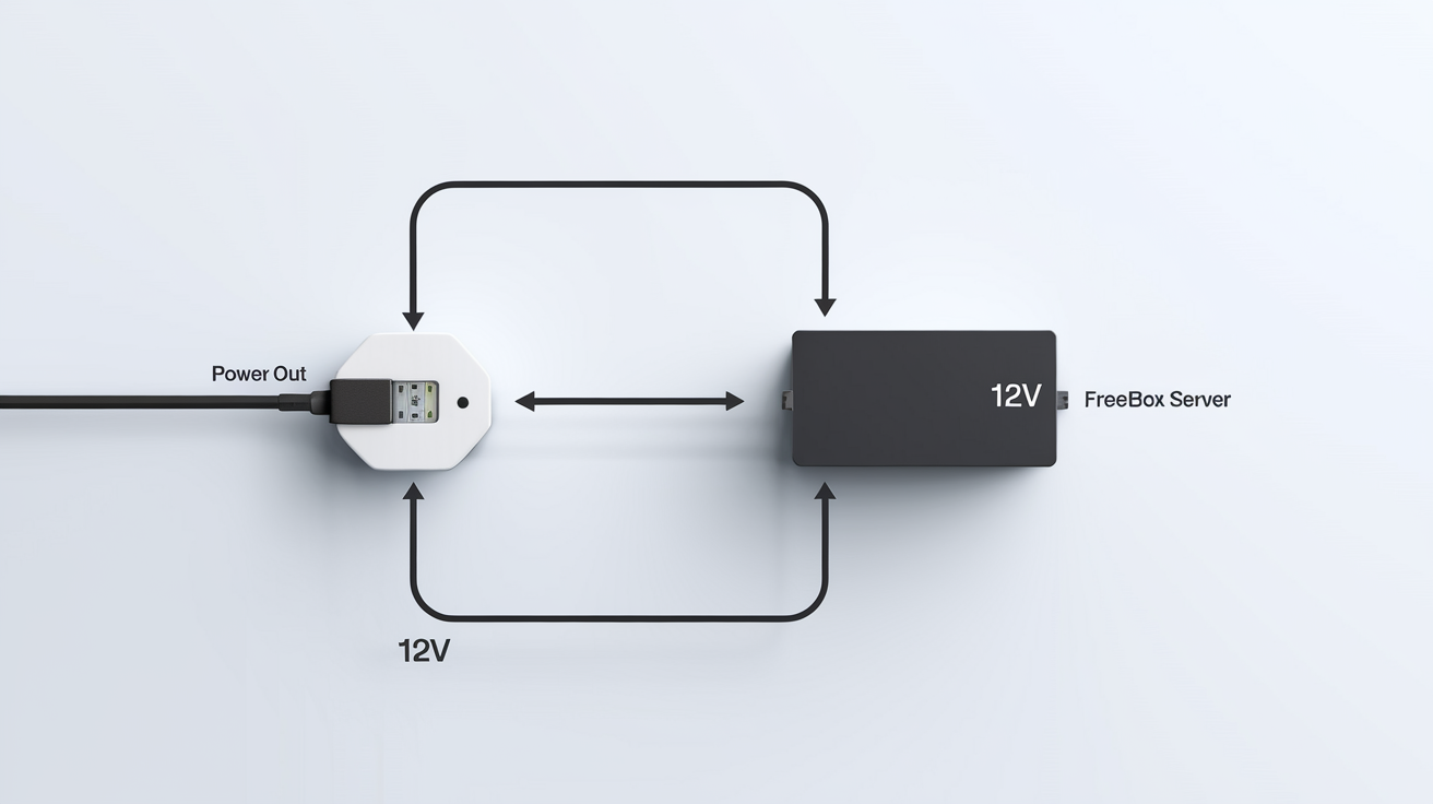 Câble reliant le port POWER OUT du convertisseur optique Free au port 12V du Freebox Server