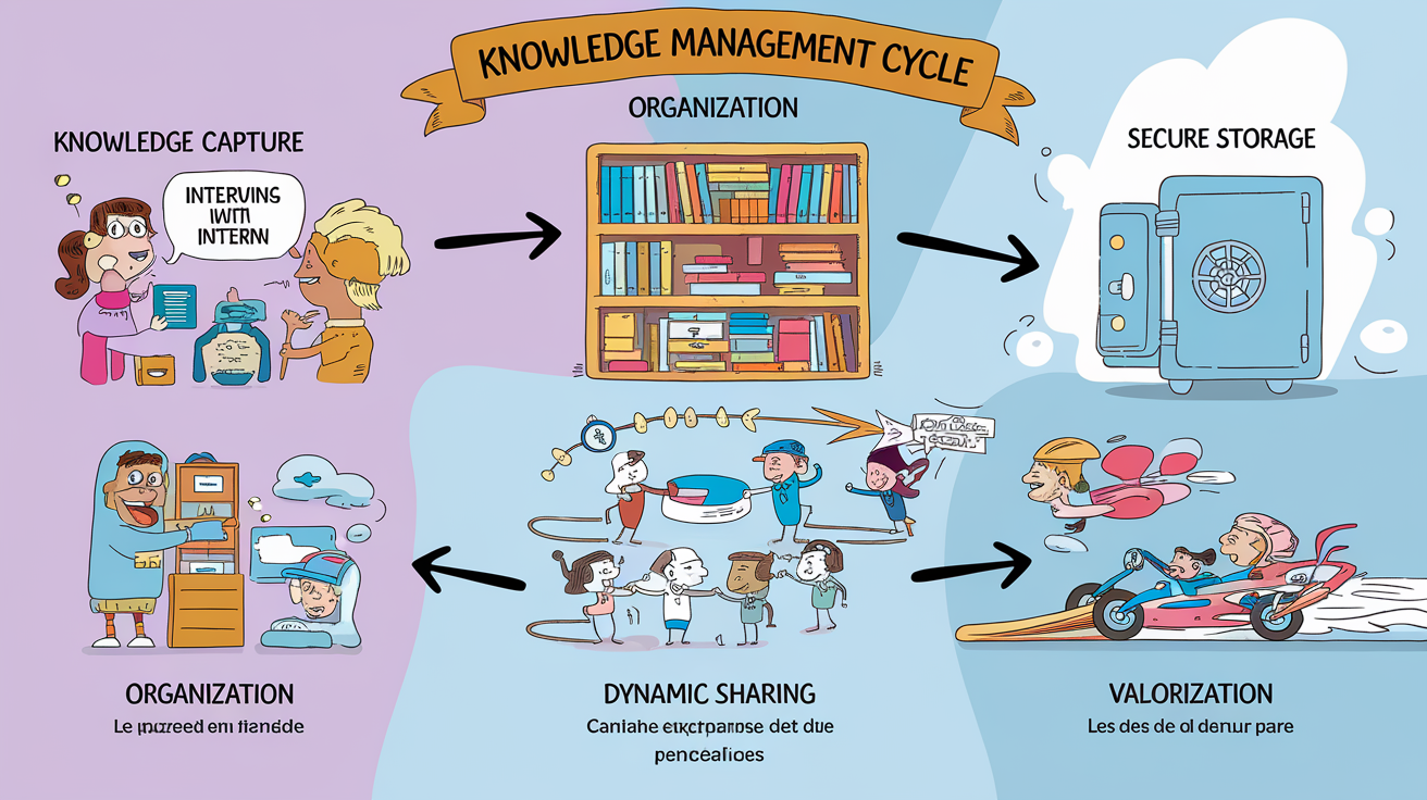 Schéma humoristique illustrant le cycle de gestion des connaissances en PME