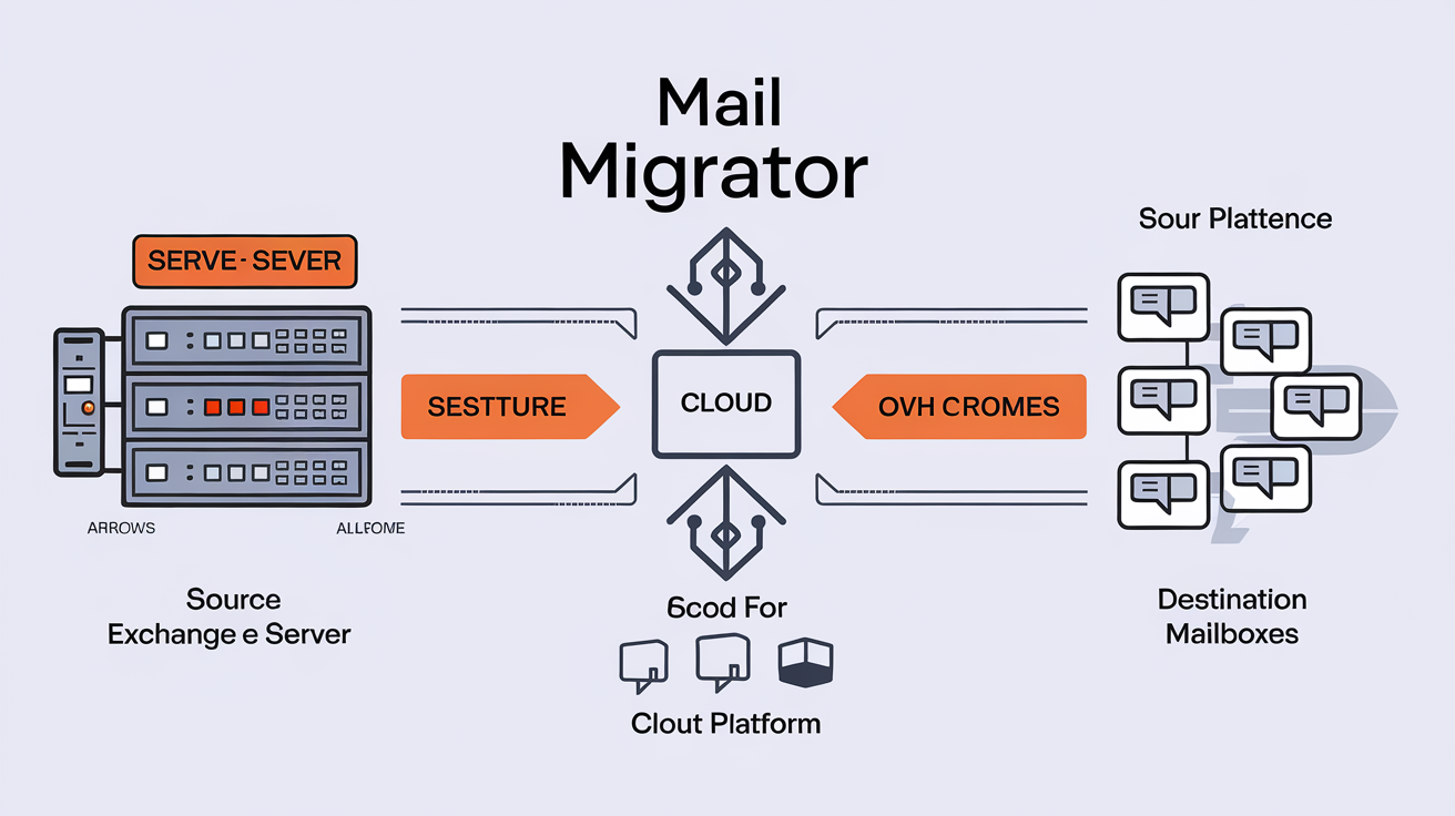 Processus de migration OVH Mail Migrator entre serveurs source et destination OVH