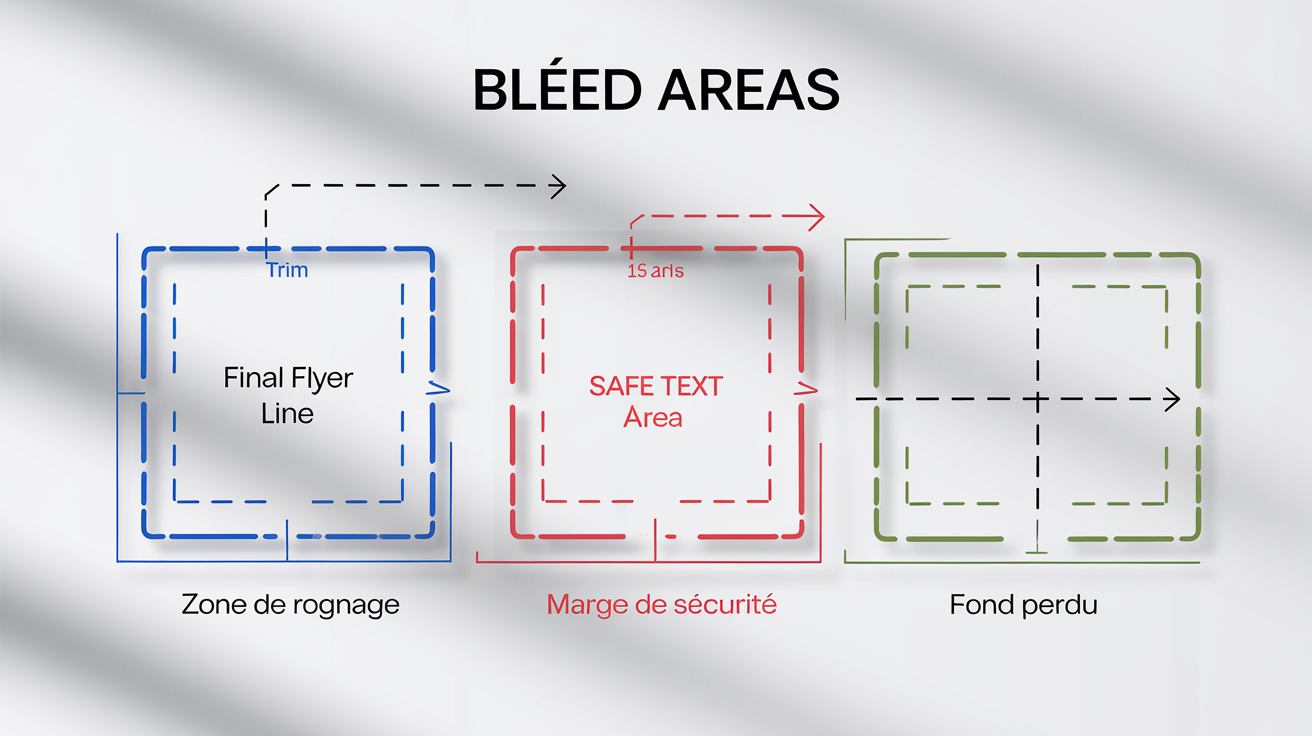 Schéma explicatif des fonds perdus pour un fichier d'impression de flyer, montrant la zone de coupe, la marge de sécurité et le bleed nécessaire pour éviter les bords blancs.