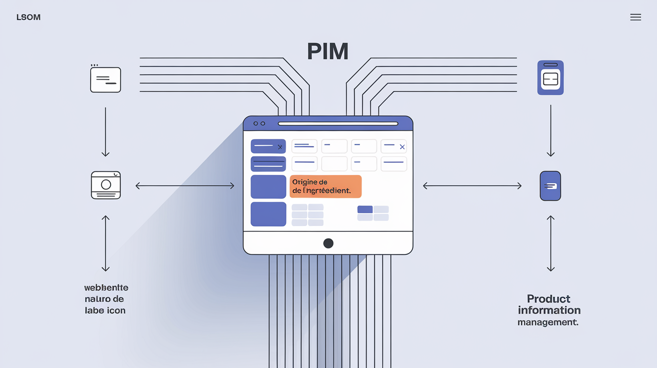 Schéma illustrant une interface PIM centralisant l'origine d'un ingrédient et diffusant l'information vers packaging, site e-commerce et application mobile.