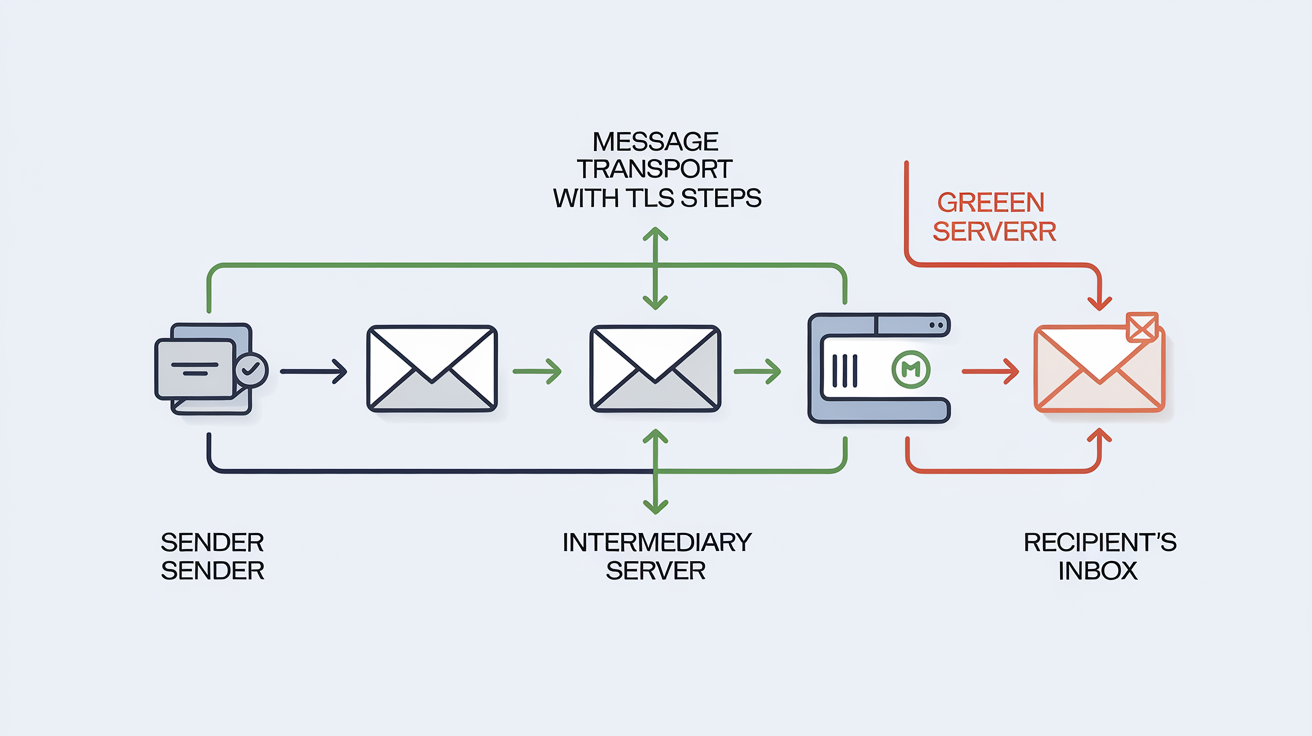 Schéma simplifié d’un email chiffré avec TLS et chiffrement de bout en bout (E2E)