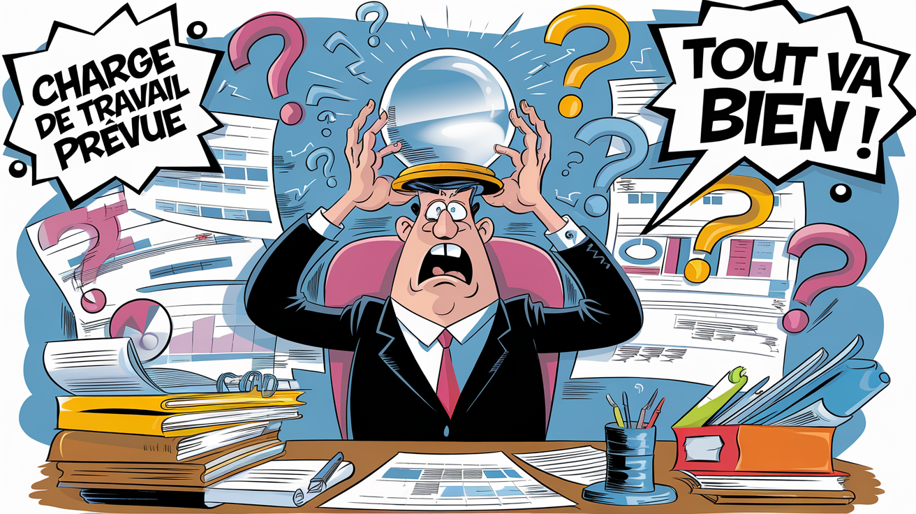 Schéma sarcastique illustrant un manager tentant de prévoir la charge de travail avec une boule de cristal et des tableurs.