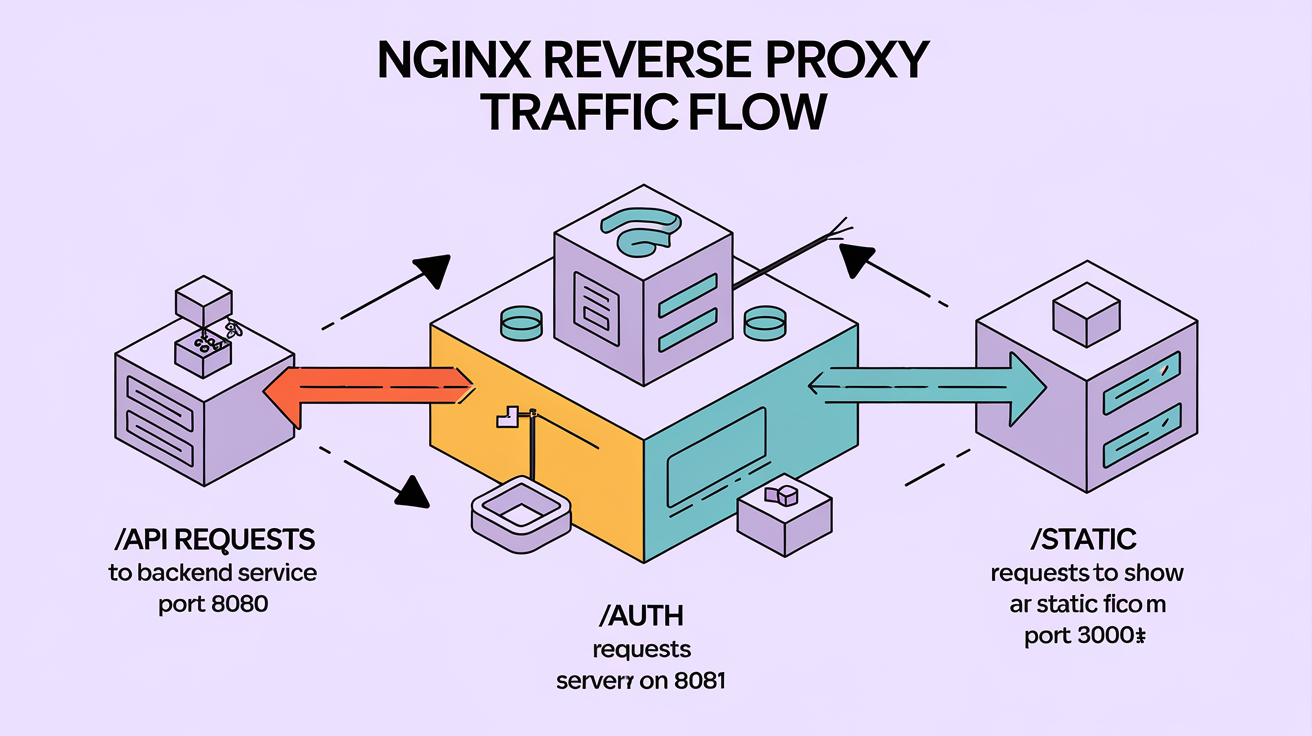 Schéma reverse proxy Nginx vers services locaux ports 8080, 8081, 3000