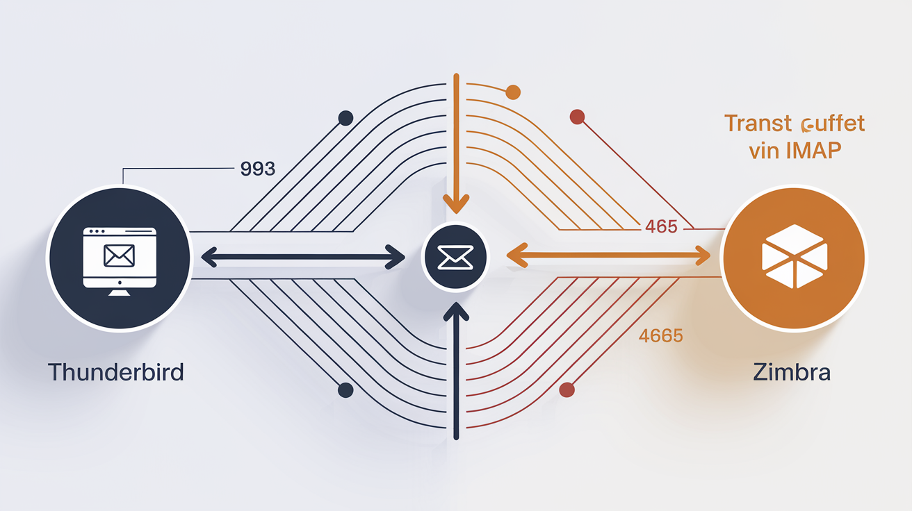 Schéma montrant le transfert d’emails de Thunderbird vers Zimbra via IMAP avec annotations des ports 993/465.