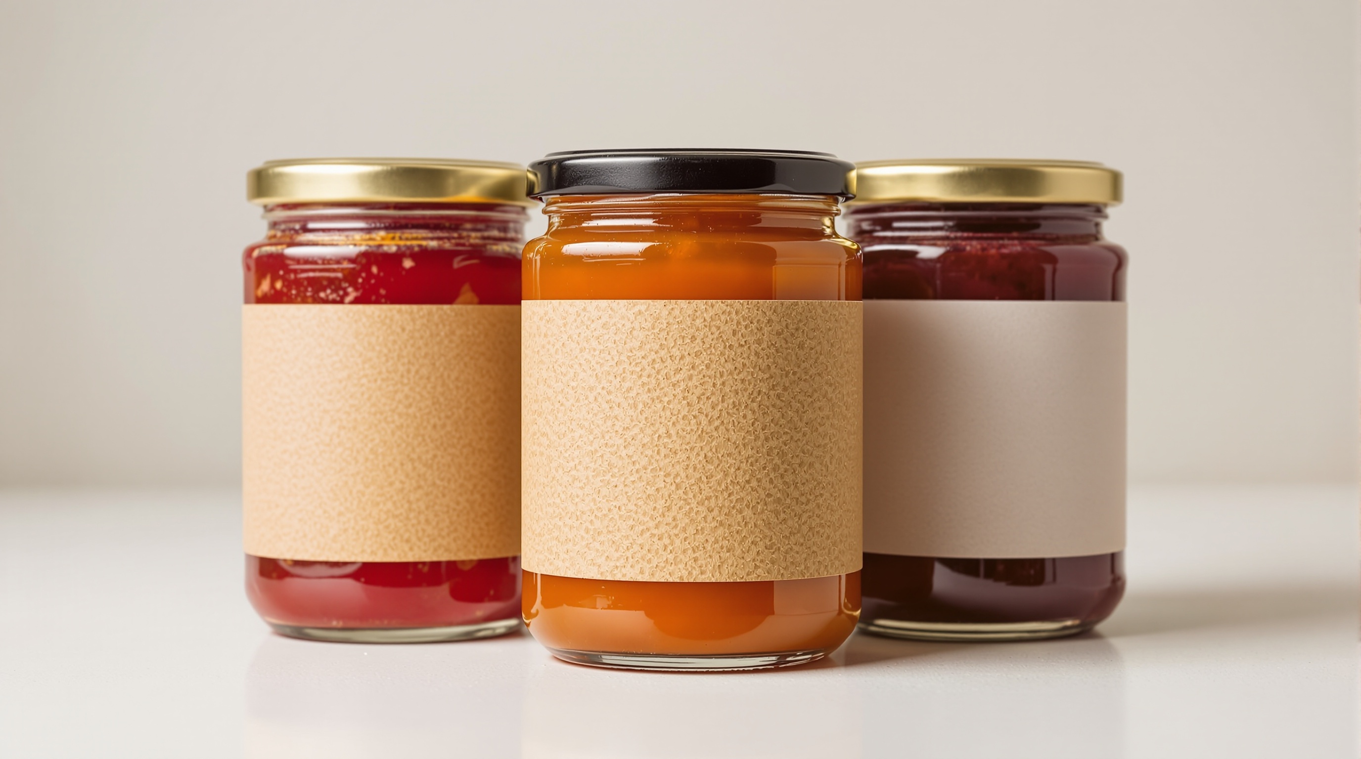 Pots de confitures artisanales alignés avec différentes étiquettes : kraft, texturé, plastique blanc brillant