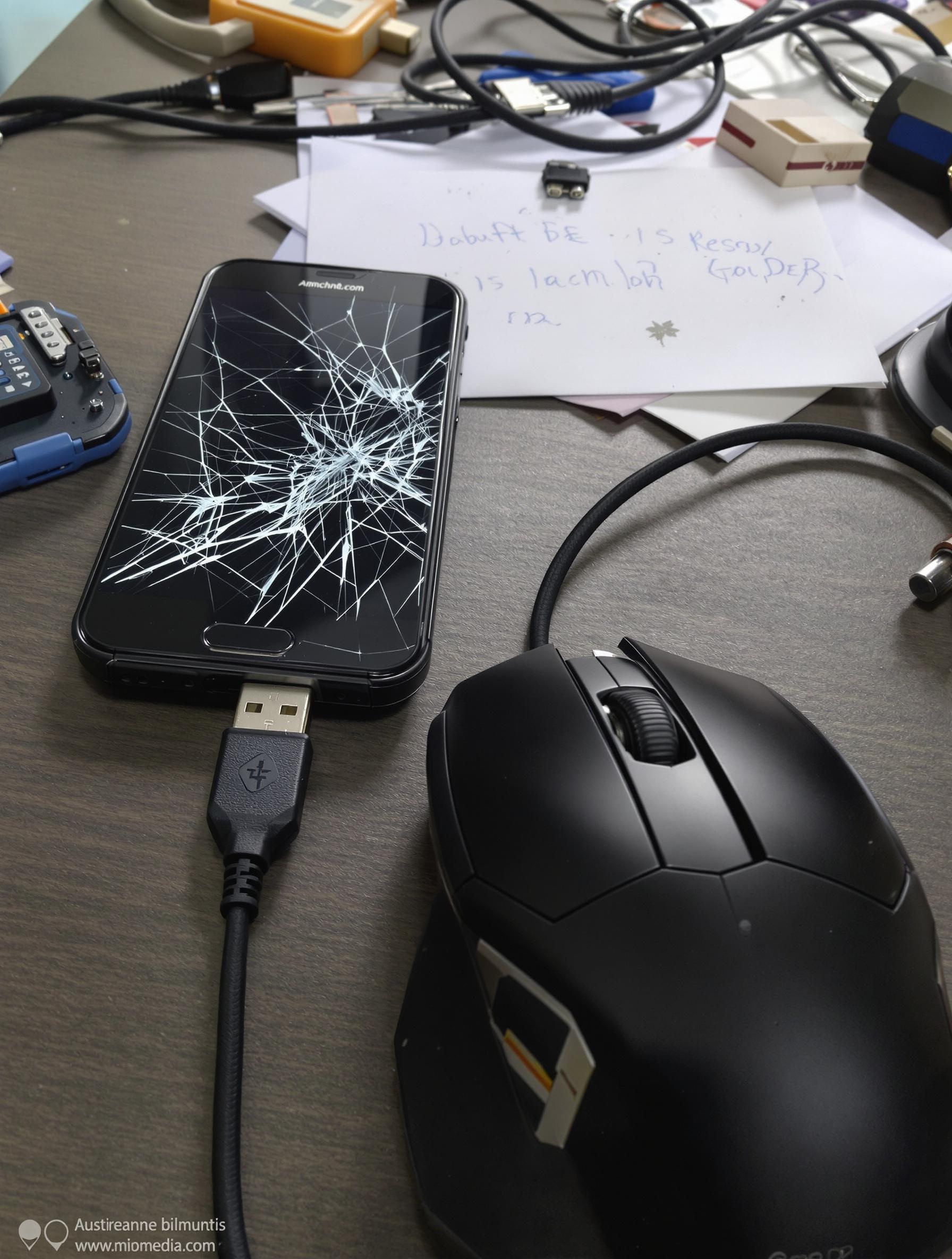 Adaptateur OTG relié à une souris filaire branchée à un smartphone fissuré