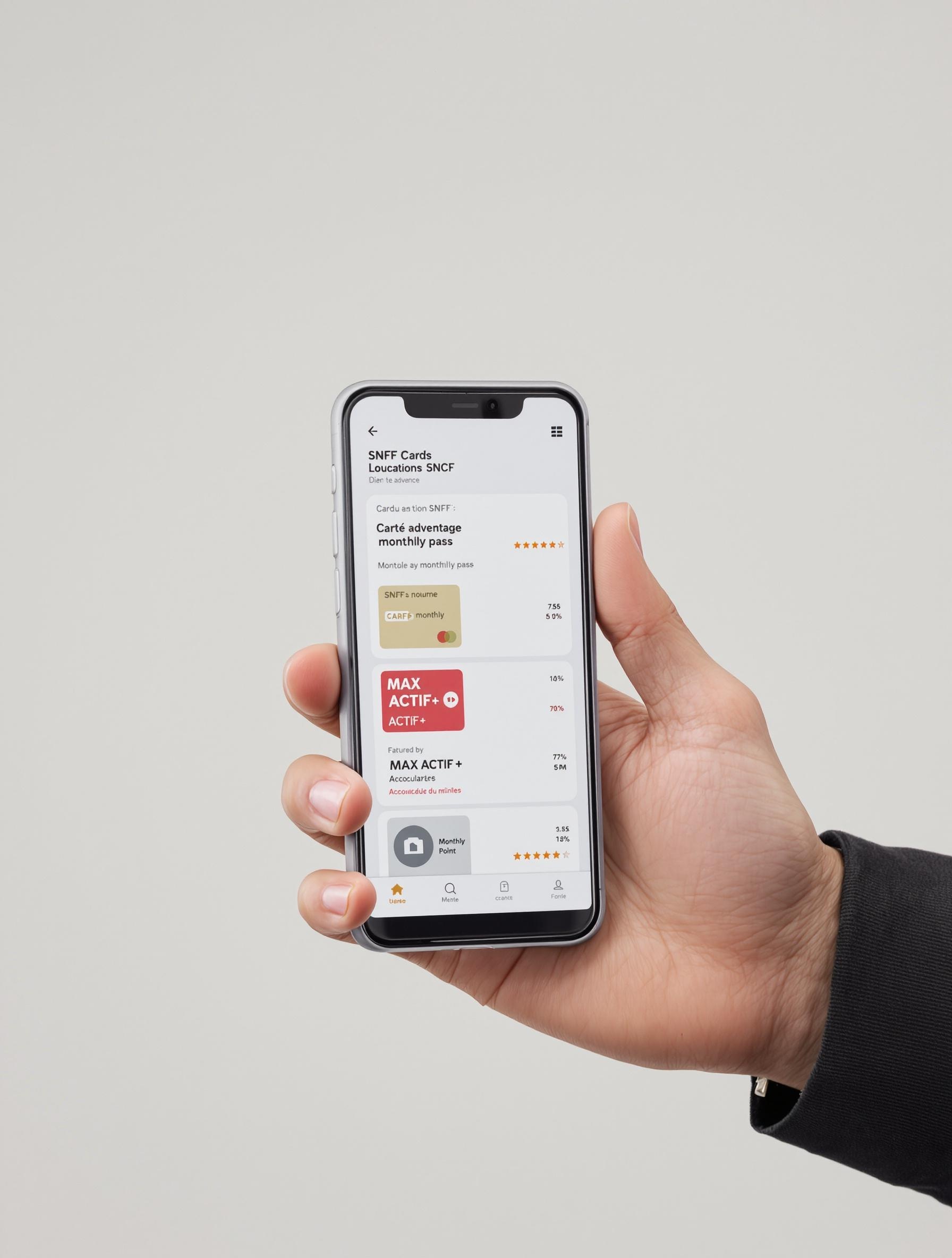 Cartes et forfaits SNCF numériques affichés sur un smartphone avec points de fidélité