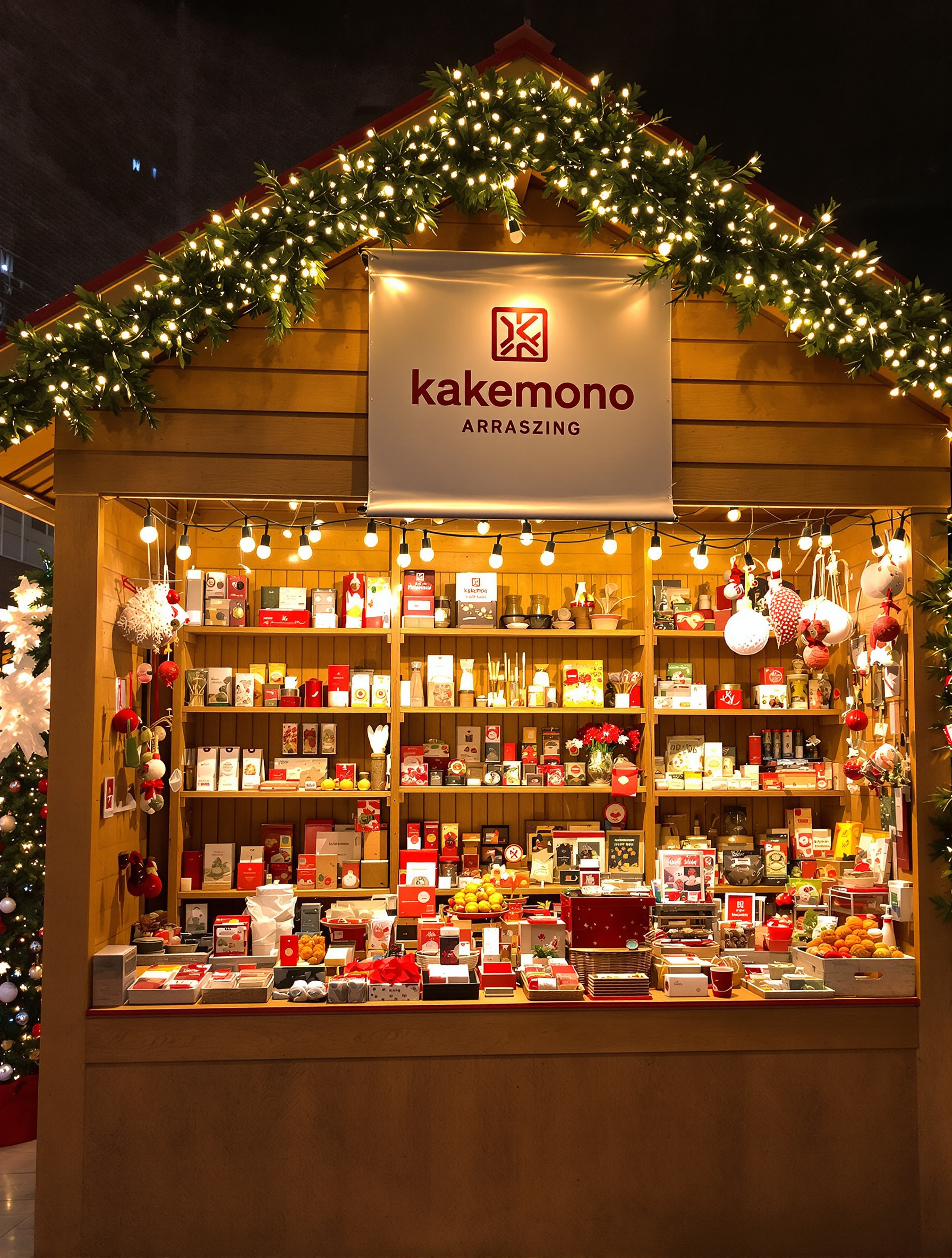 Stand de marché de Noël exemplaire avec kakemono vertical, produits bien présentés à différents niveaux et éclairage chaleureux.