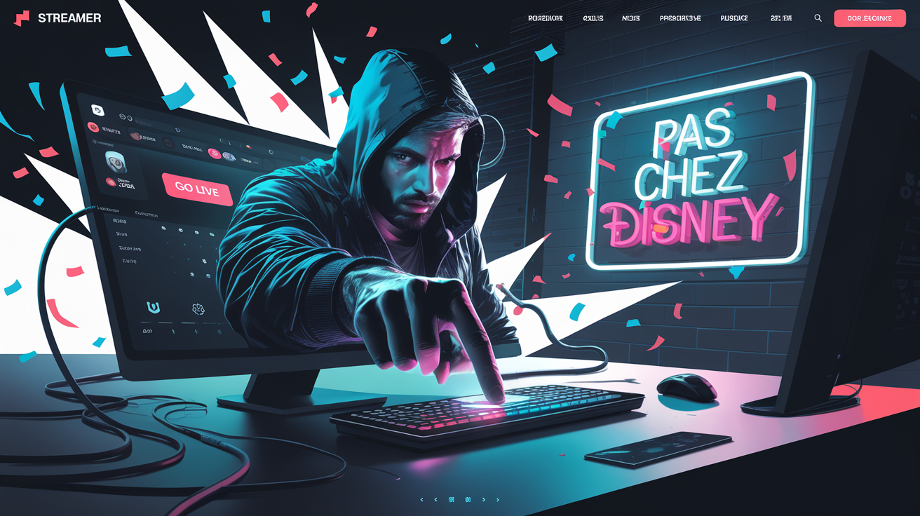 Streamer appuyant sur 'Go Live' avec un néon lumineux en arrière-plan.