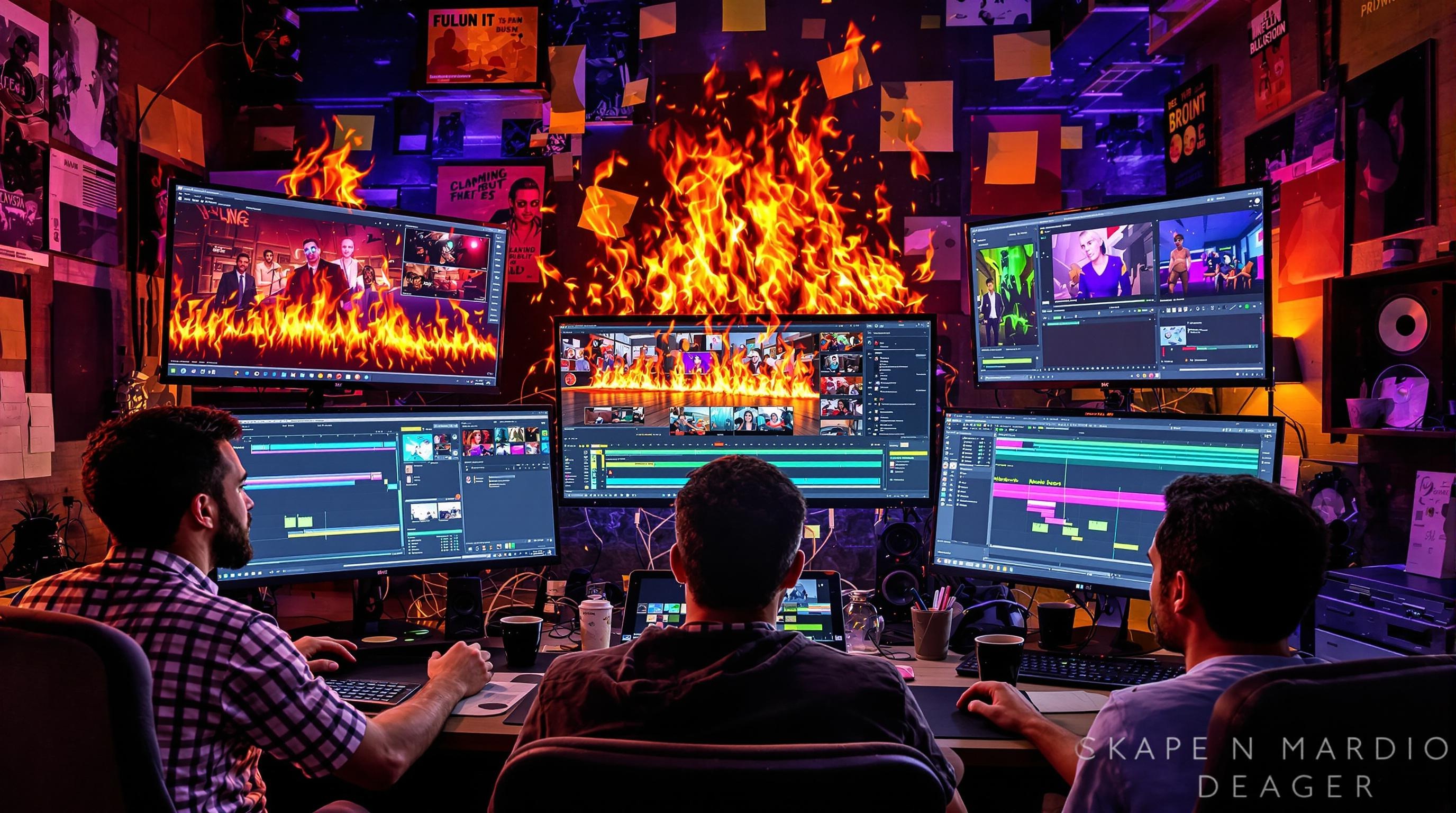 Studio sarcastique illustrant le chaos productif du montage vidéo et graphisme numérique